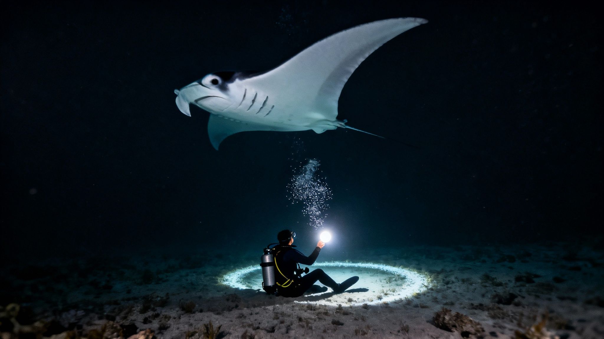 A scuba diver on the ocean floor shines a light upwards, attracting a large manta ray.