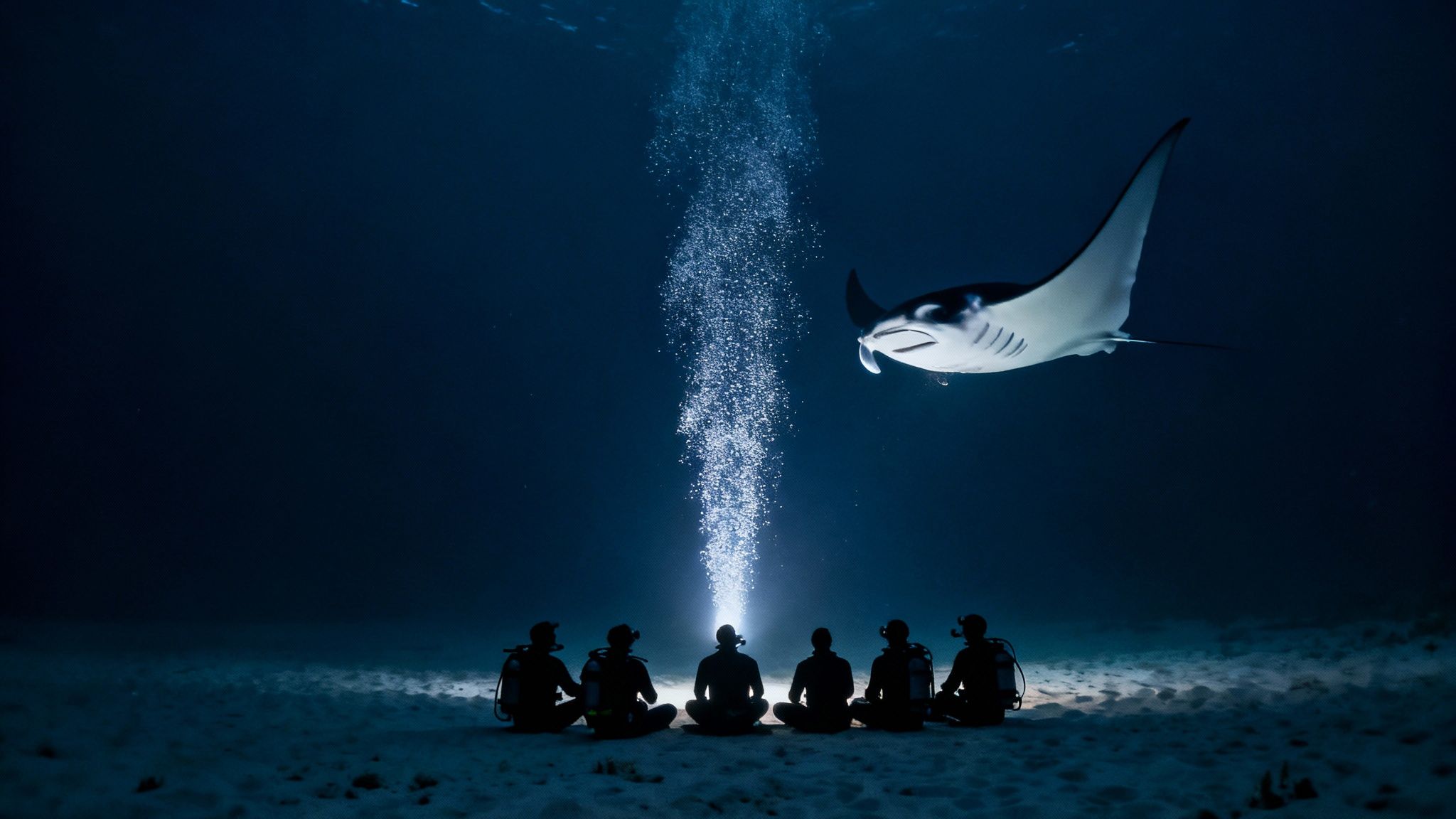 A group of scuba divers on the ocean floor look up as a massive manta ray glides just above their heads, illuminated by dive lights.