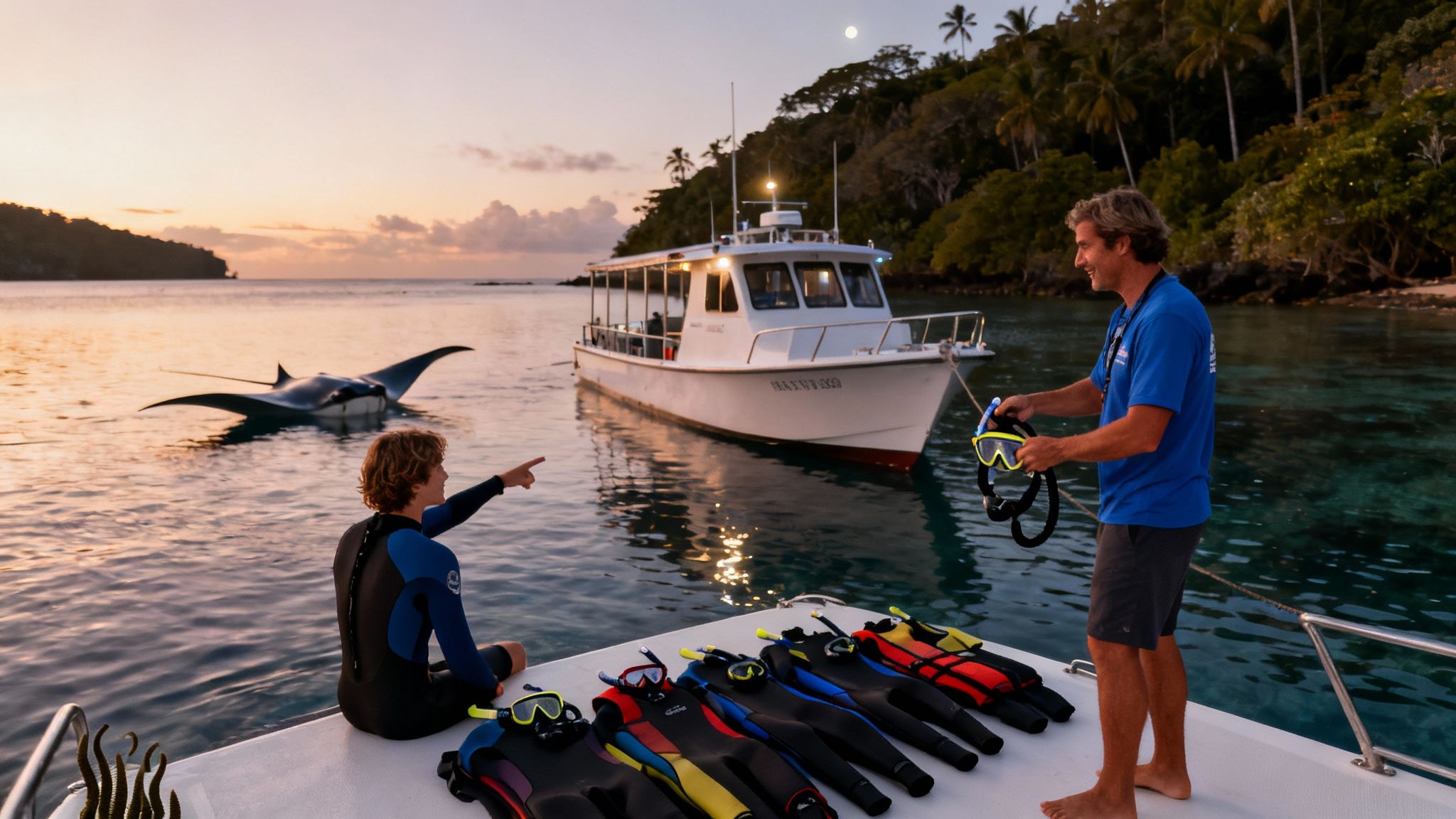 Two men on a boat with snorkel gear, one pointing at a manta ray at tropical sunset.