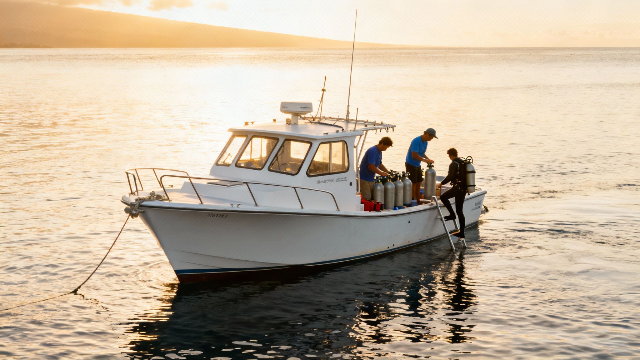Scuba divers on a boat with tanks, one entering water, during golden hour.