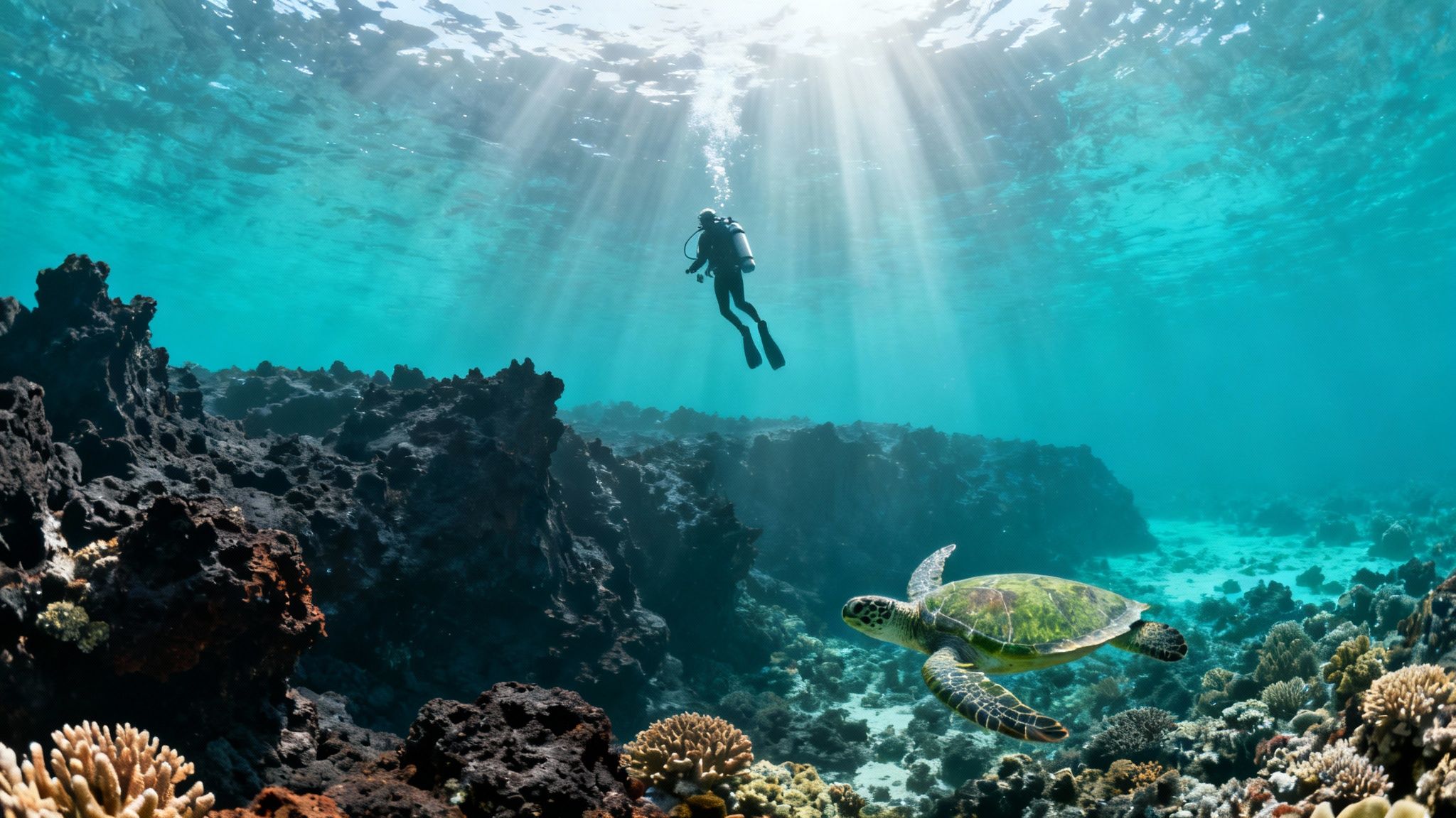 Sun rays illuminate a scuba diver and a green sea turtle over a vibrant coral reef.
