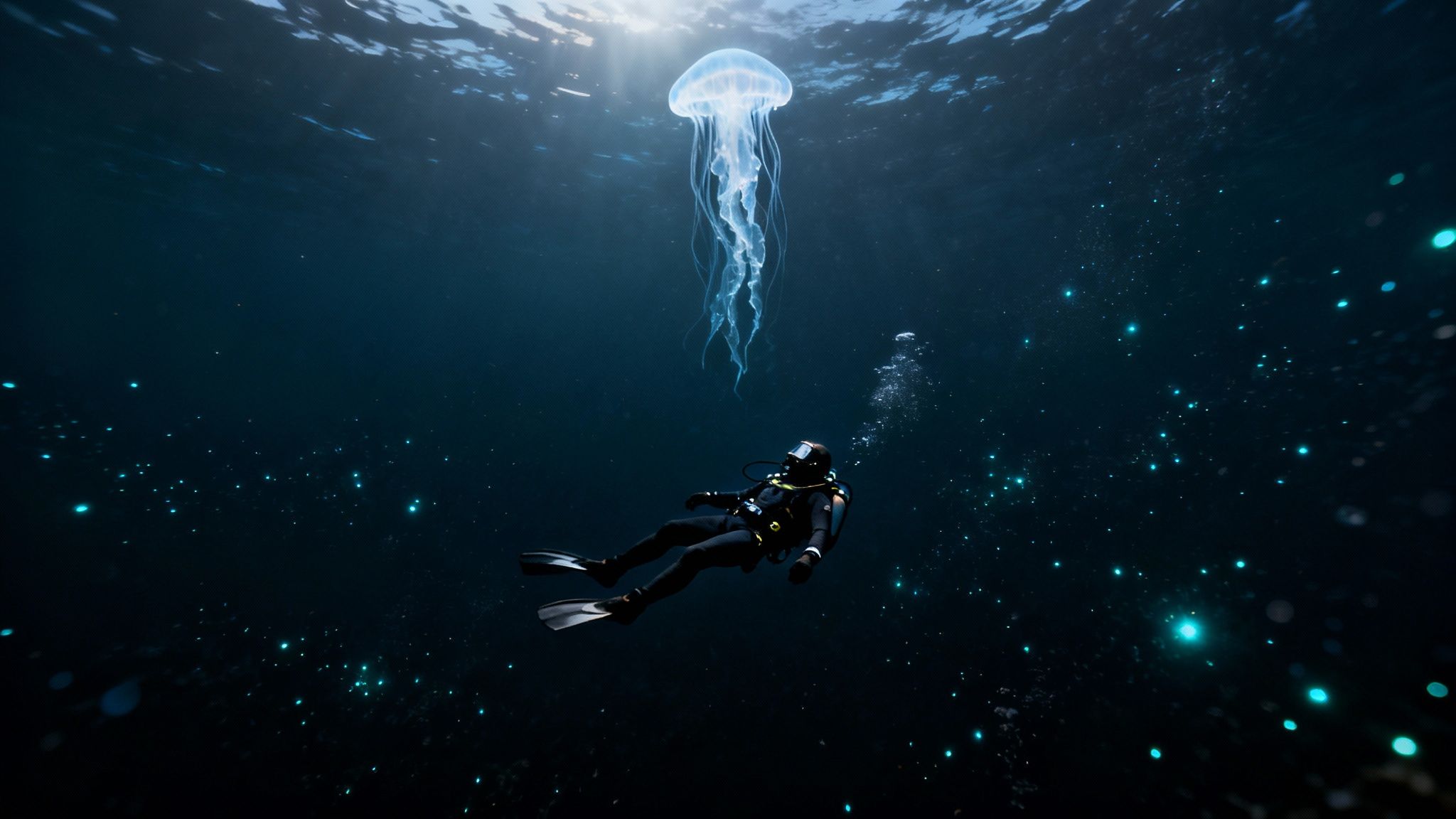 Bioluminescent creatures glowing in the dark during a blackwater dive in Kona, Hawaii