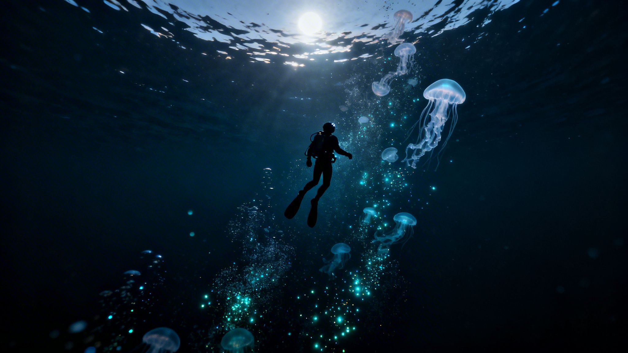 A diver swims in dark water surrounded by glowing jellyfish and bioluminescent particles under a bright sun.