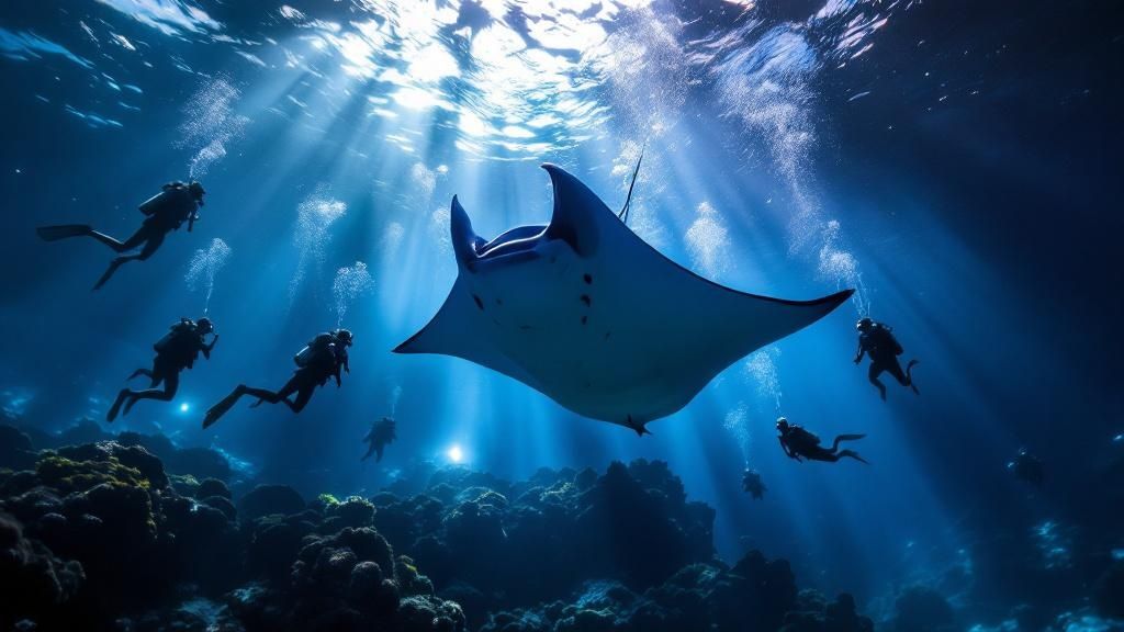 A snorkeler watching a massive manta ray swim just beneath the surface in dark blue water.