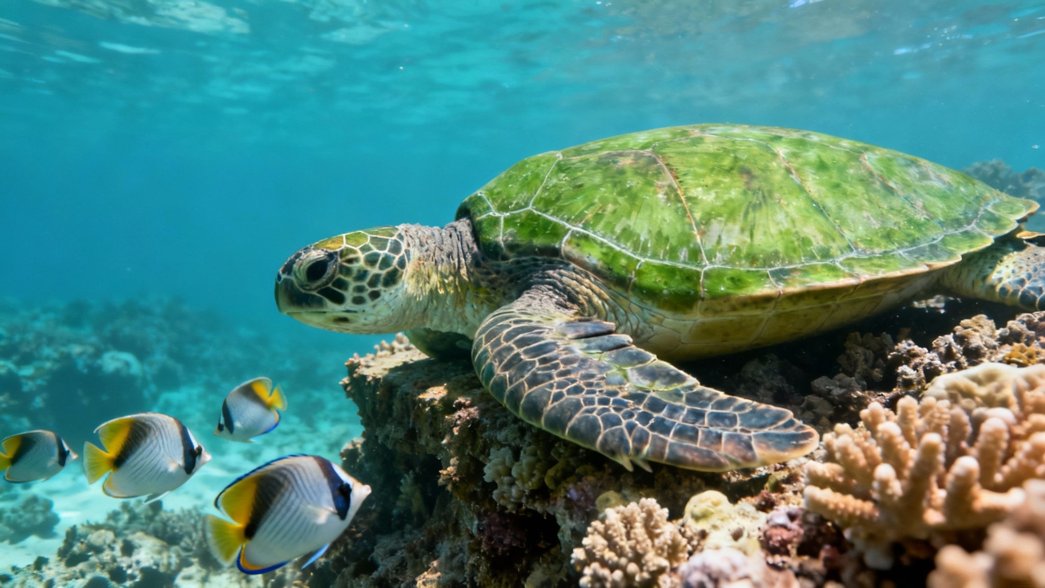 A Hawaiian Green Sea Turtle (Honu) swims gracefully over a coral reef.