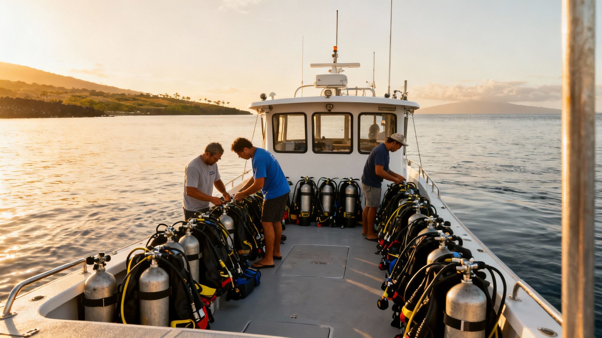 Three men prepare scuba diving gear on a boat at sunrise with a distant island.