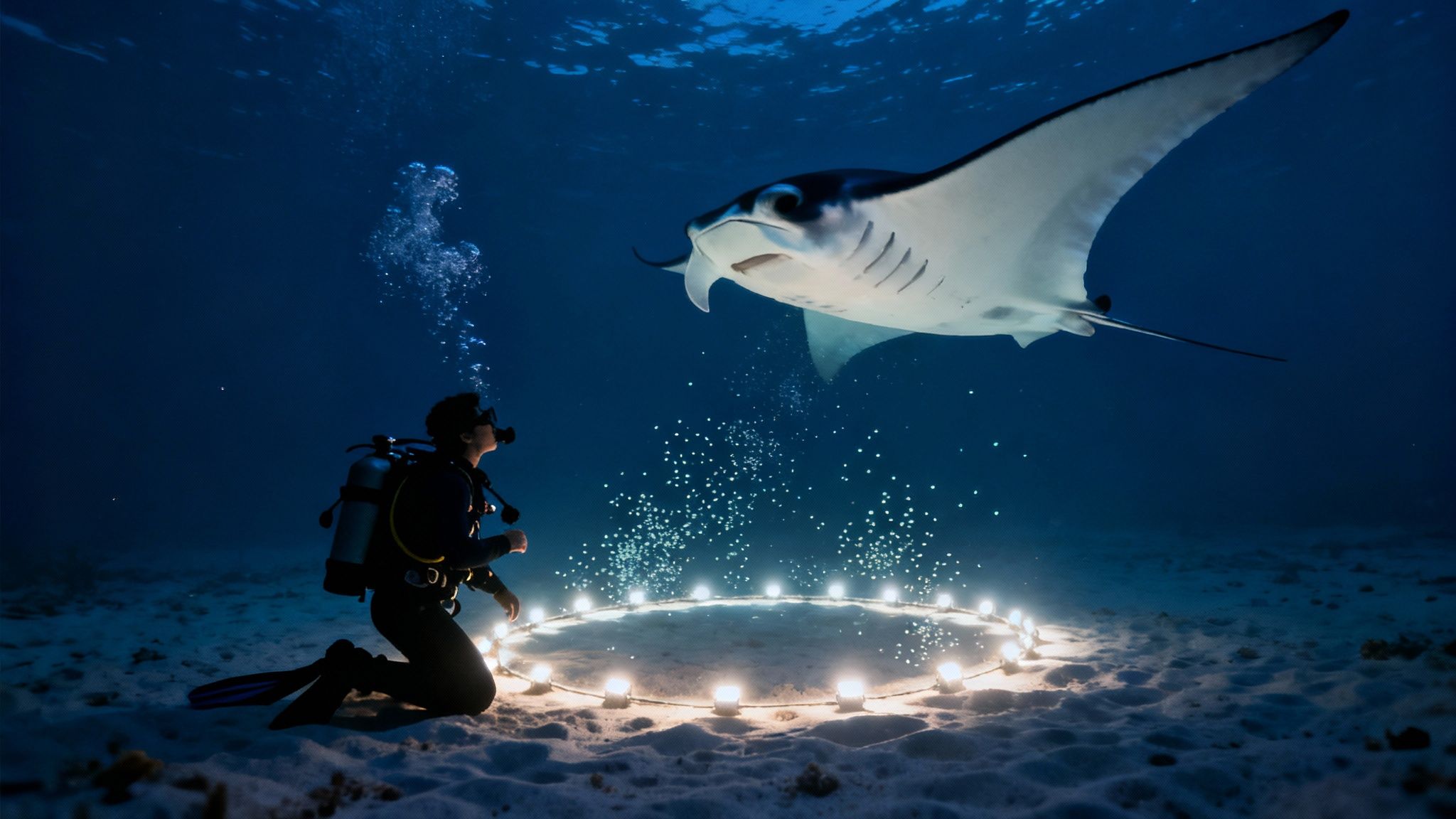 Manta ray glides gracefully over divers at night