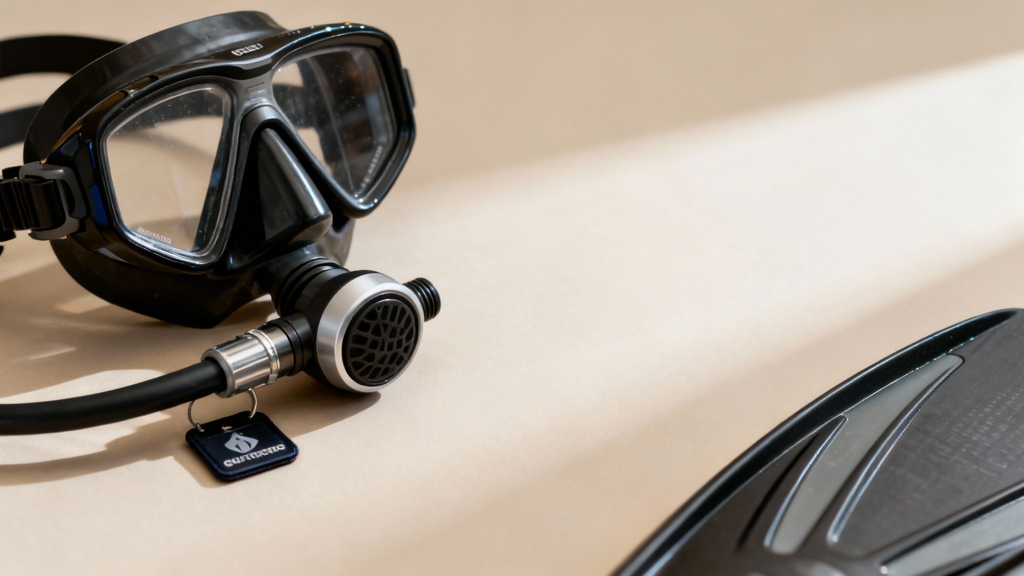 Close-up of black scuba diving mask, regulator with hose, and part of a fin on a light background.