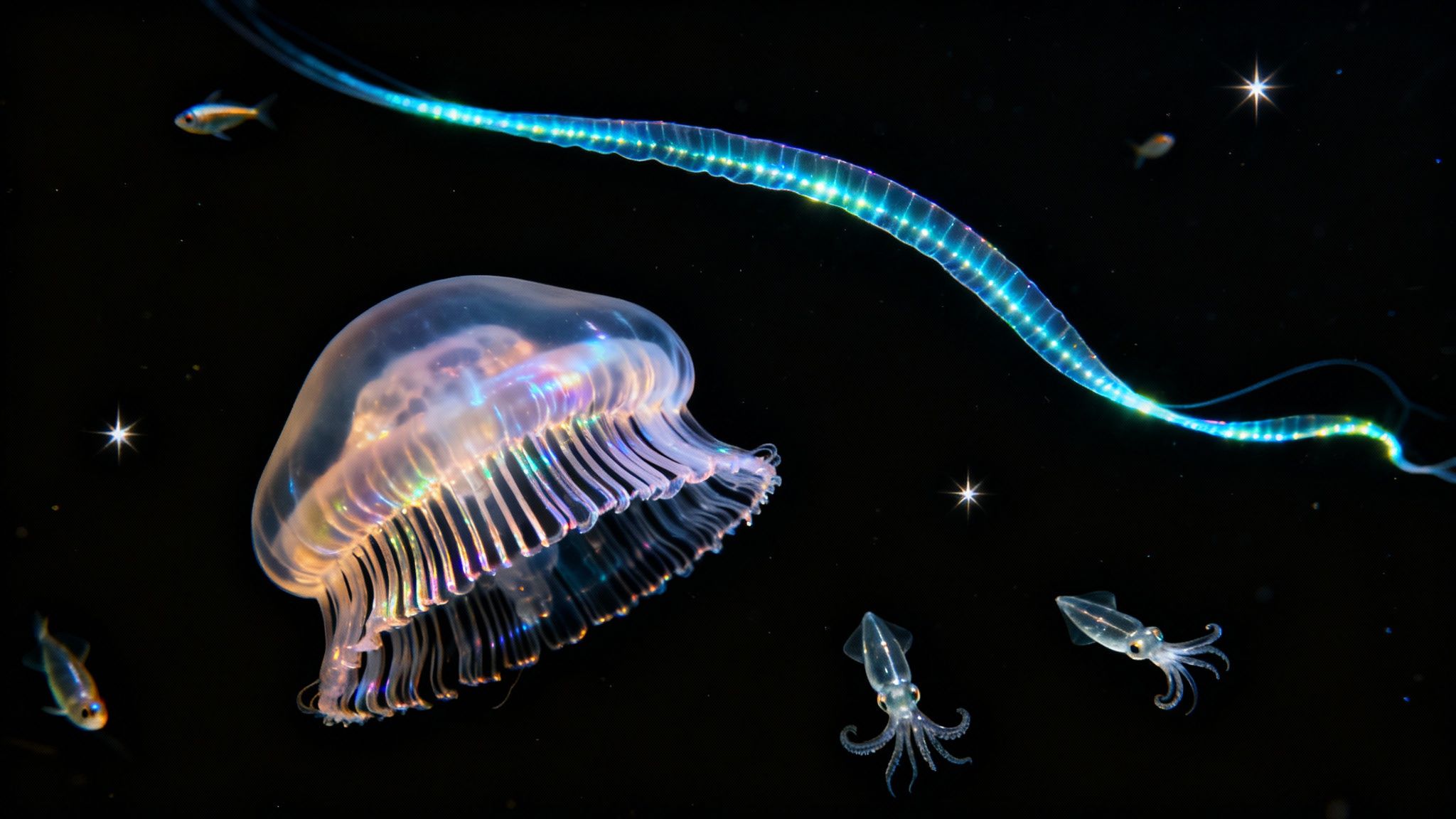 A stunning blackwater dive scene with an iridescent jellyfish, a long bioluminescent chain, small fish, and squids.