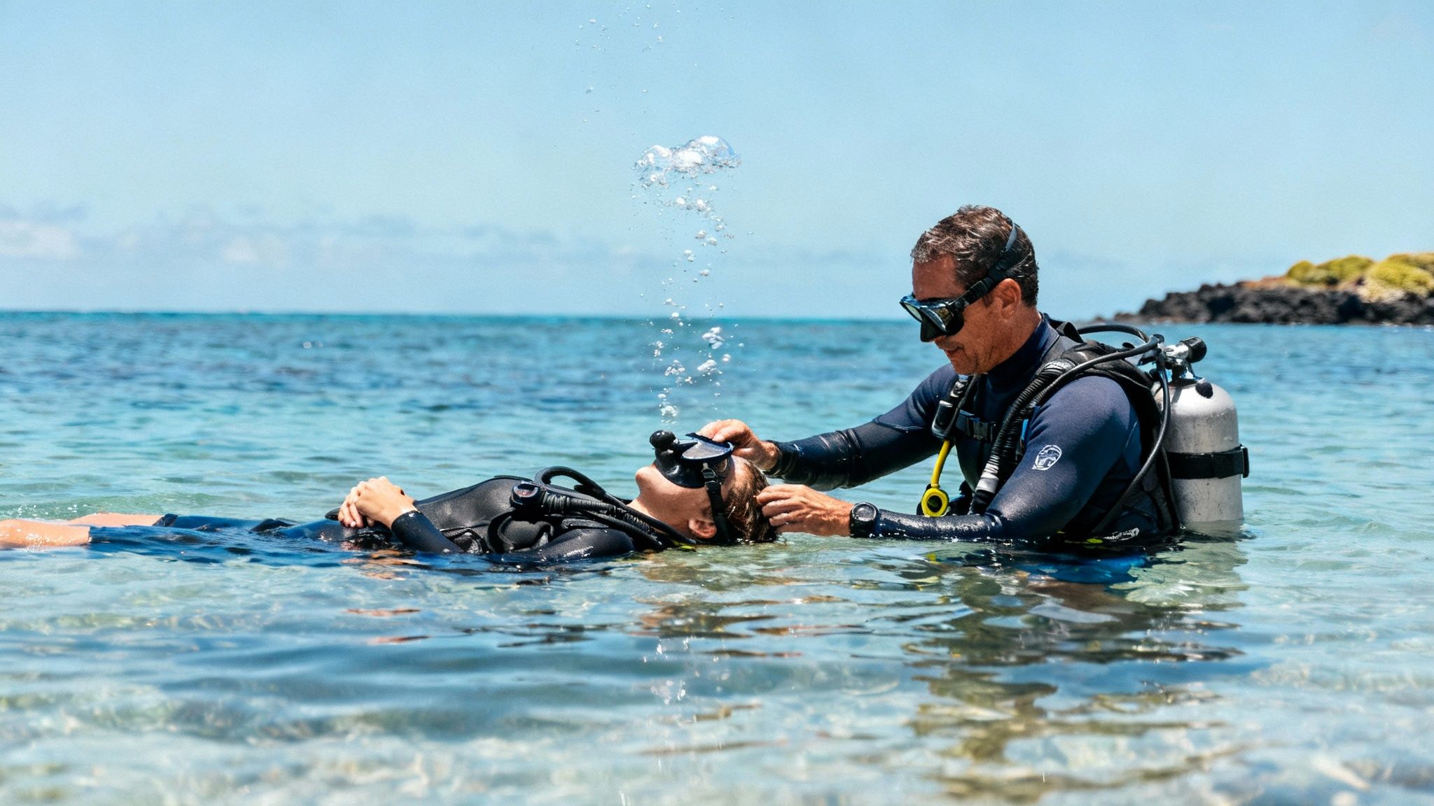 A scuba instructor helps a student adjust their mask in clear tropical waters, preparing for a dive.