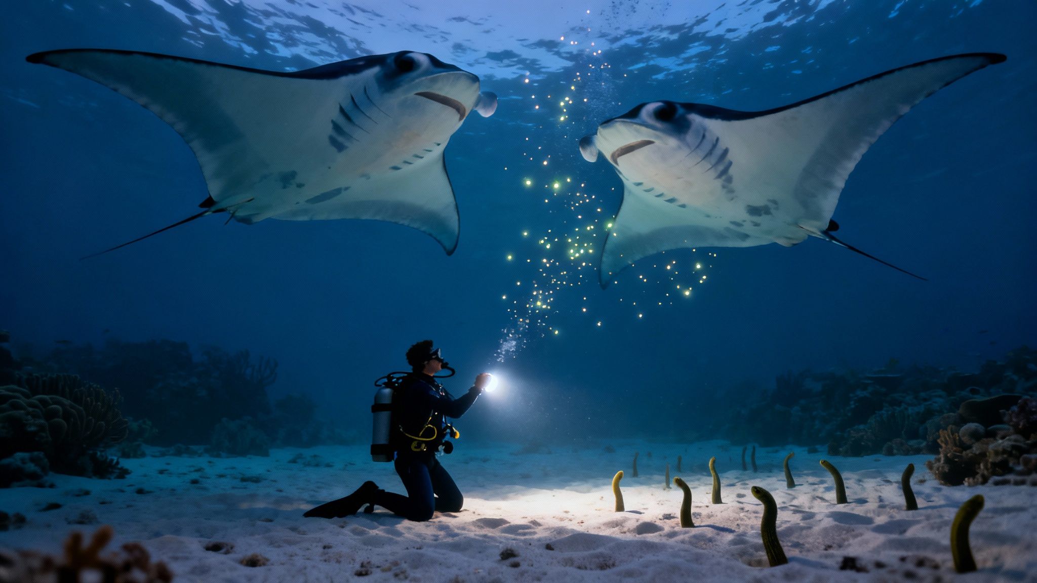 A scuba diver kneels on the sandy seabed, shining a light up at two majestic manta rays.