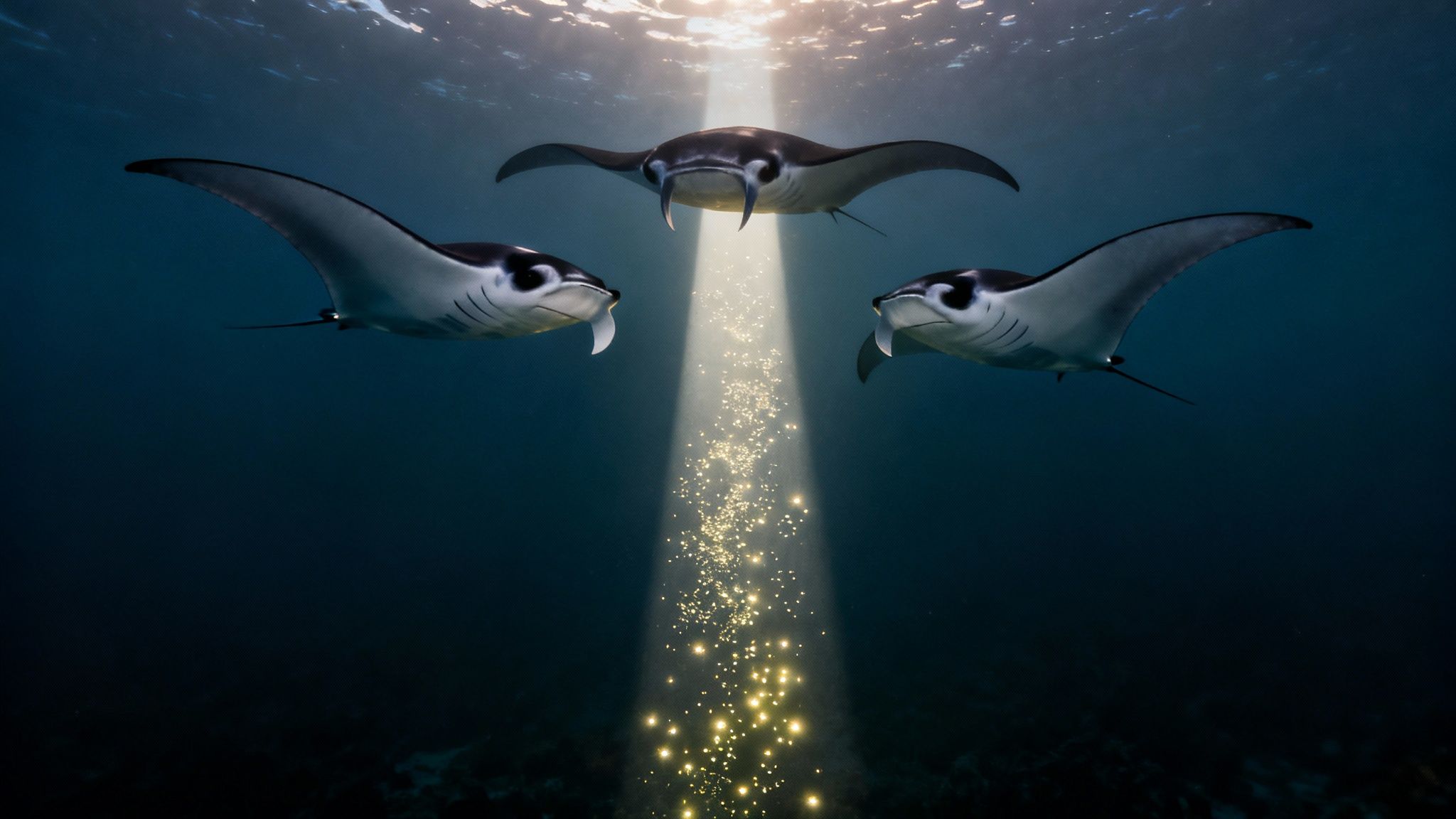 Three majestic manta rays swim gracefully in deep blue water with a strong sunbeam.