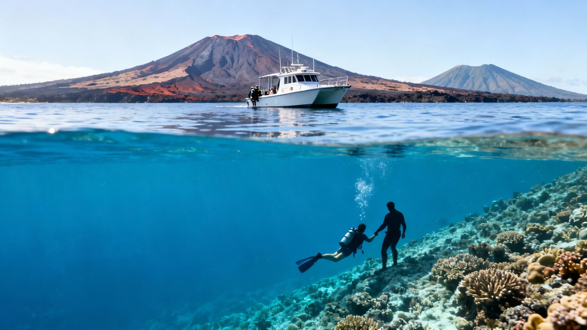 A split-level view captures divers exploring a vibrant coral reef with volcanic islands and a boat above.