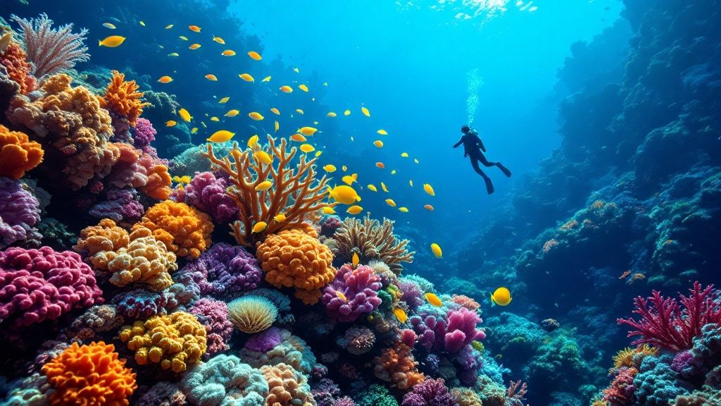 A beautiful green sea turtle swims peacefully over a coral reef on the Big Island.