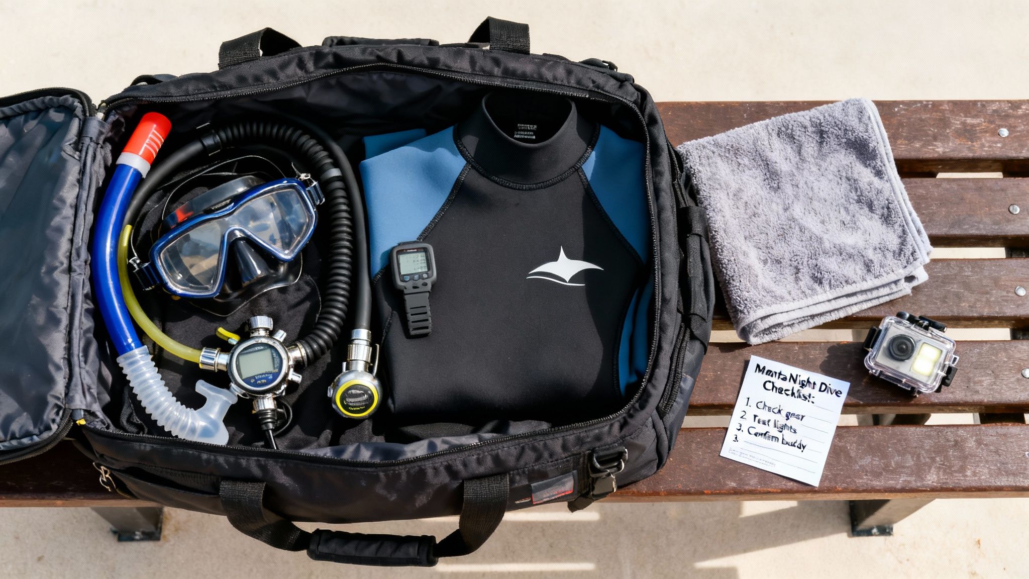 Scuba diving gear, including a wetsuit, mask, and regulator, packed in a bag with a dive checklist on a bench.