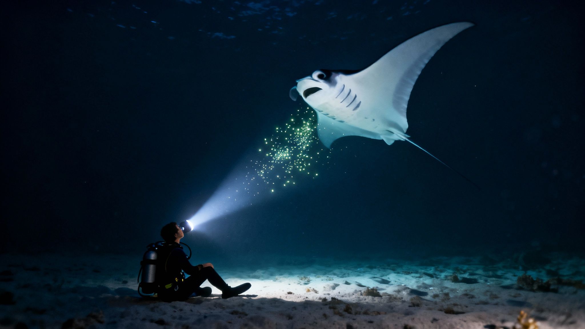 A scuba diver on the seafloor illuminates bioluminescent plankton, attracting a large manta ray in the dark ocean.