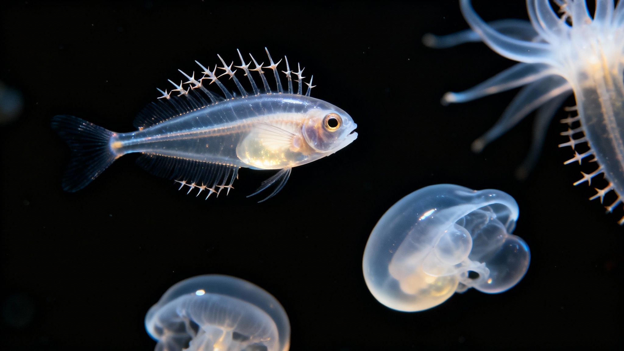 A transparent fish with spiky fins swims in dark water surrounded by translucent jellyfish.