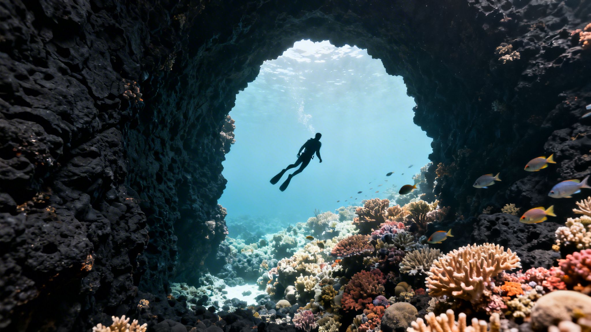 A scuba diver explores a vibrant coral reef outside a dark underwater cave.