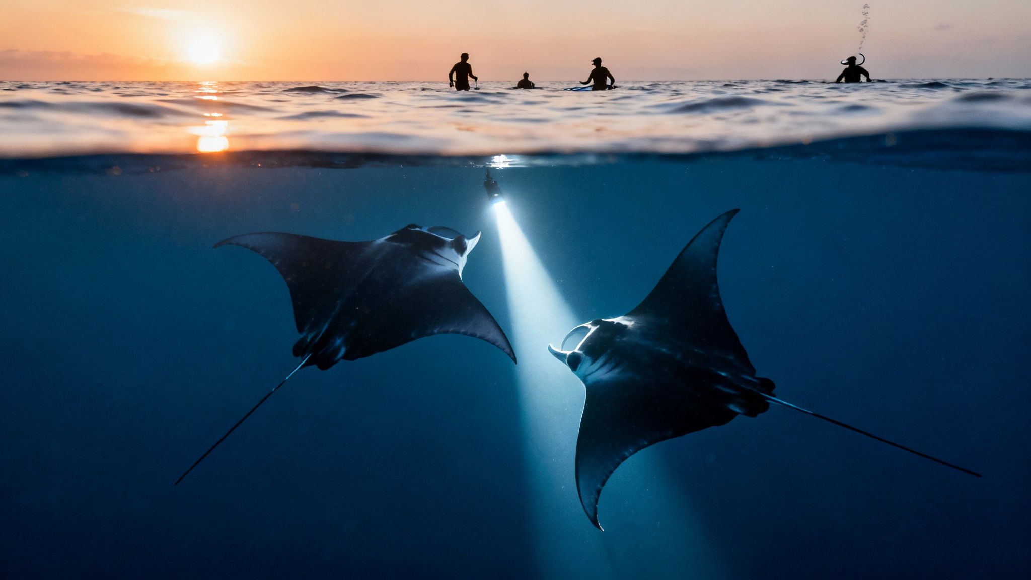 An over/under shot of manta rays swimming underwater at sunset with people on the surface.