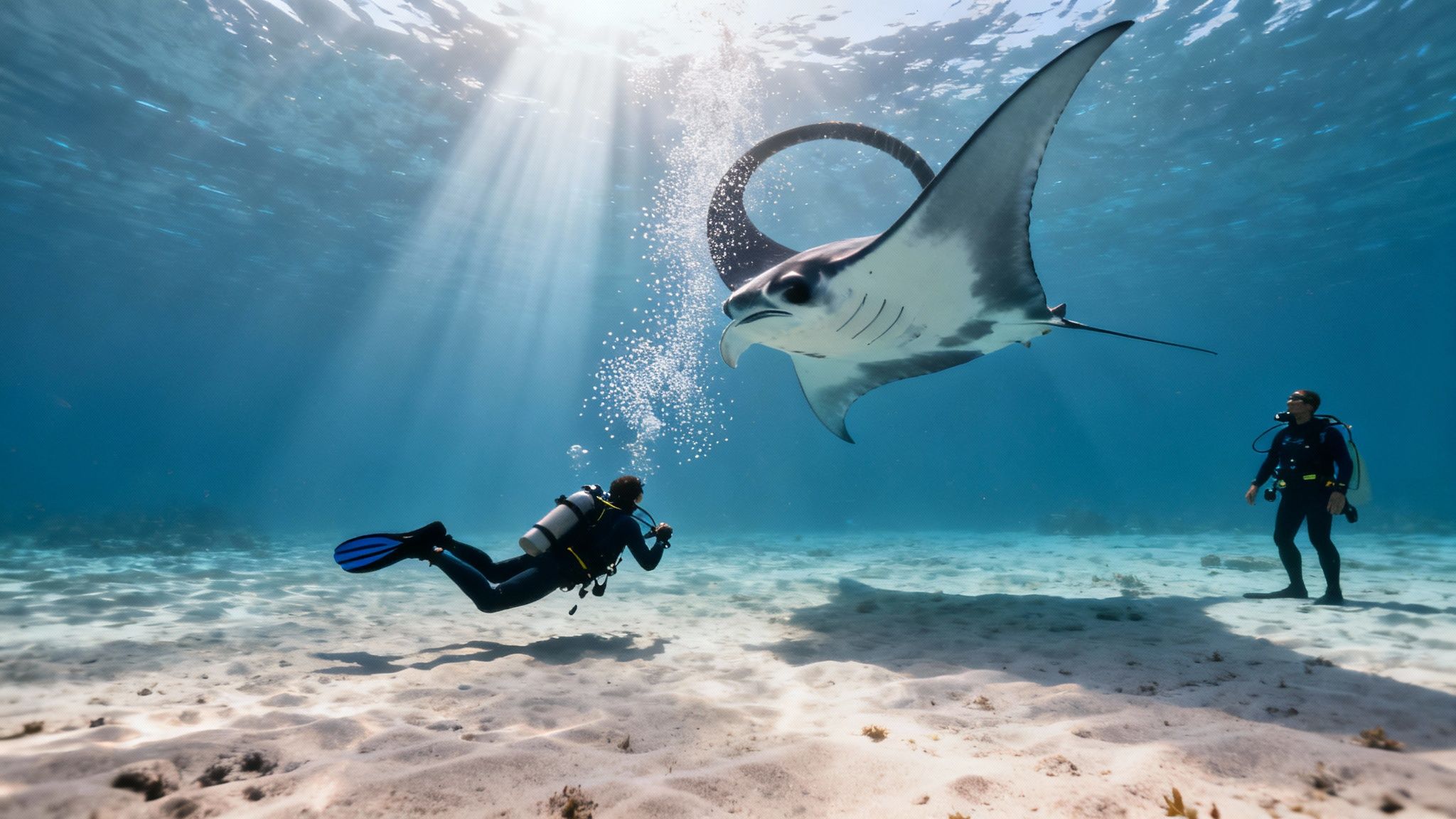 A group of divers observing manta rays during a night dive in Kona, with bright lights illuminating the scene.