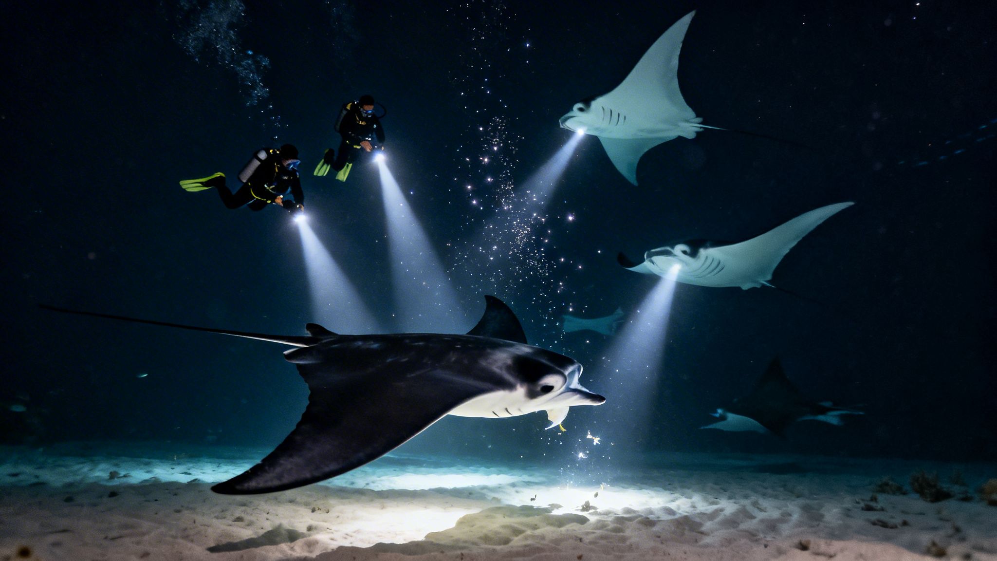Scuba divers with flashlights illuminate multiple majestic manta rays swimming over a sandy ocean floor at night.