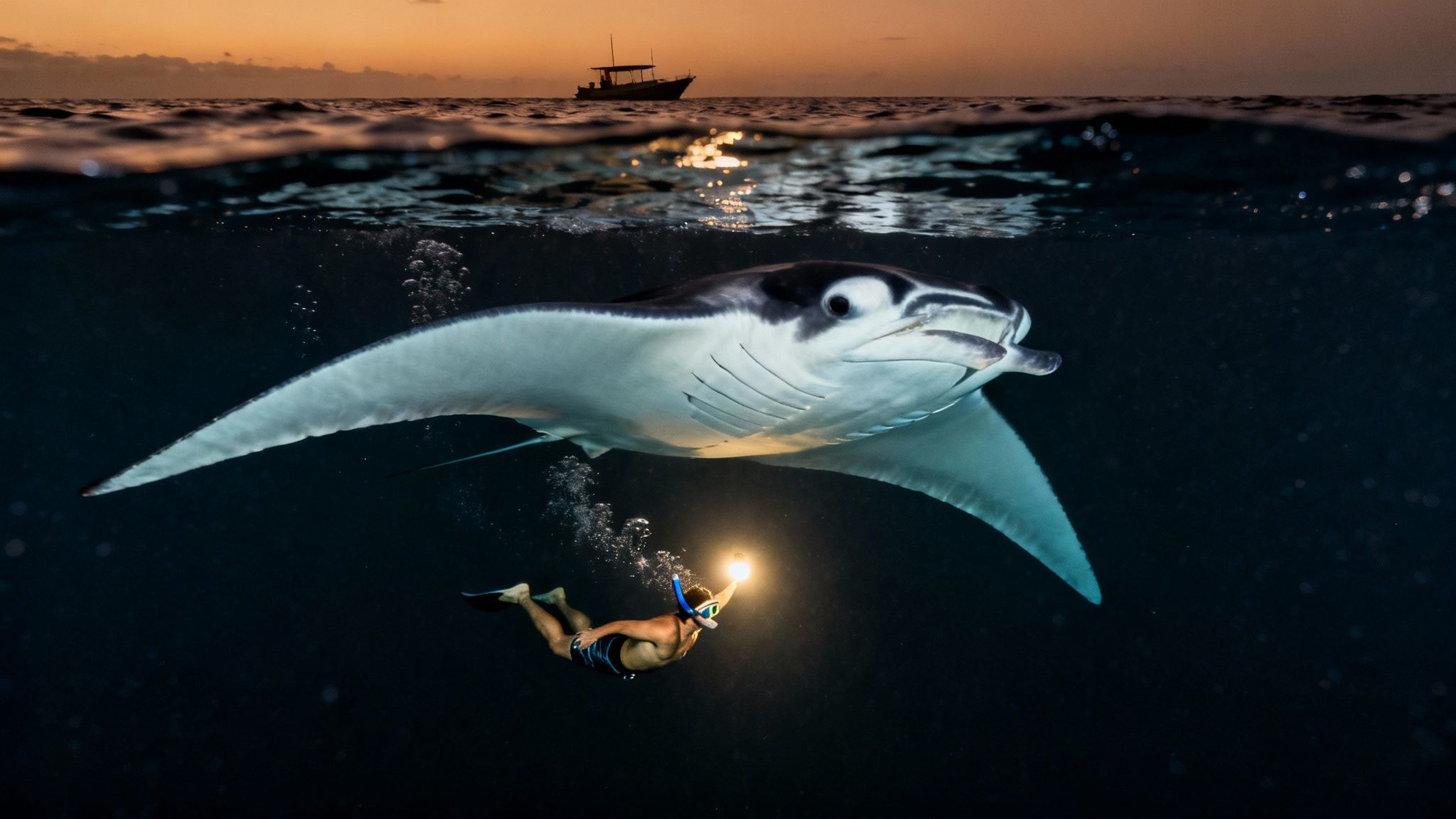 A manta ray gracefully swims near divers during a night dive in Kailua Kona.