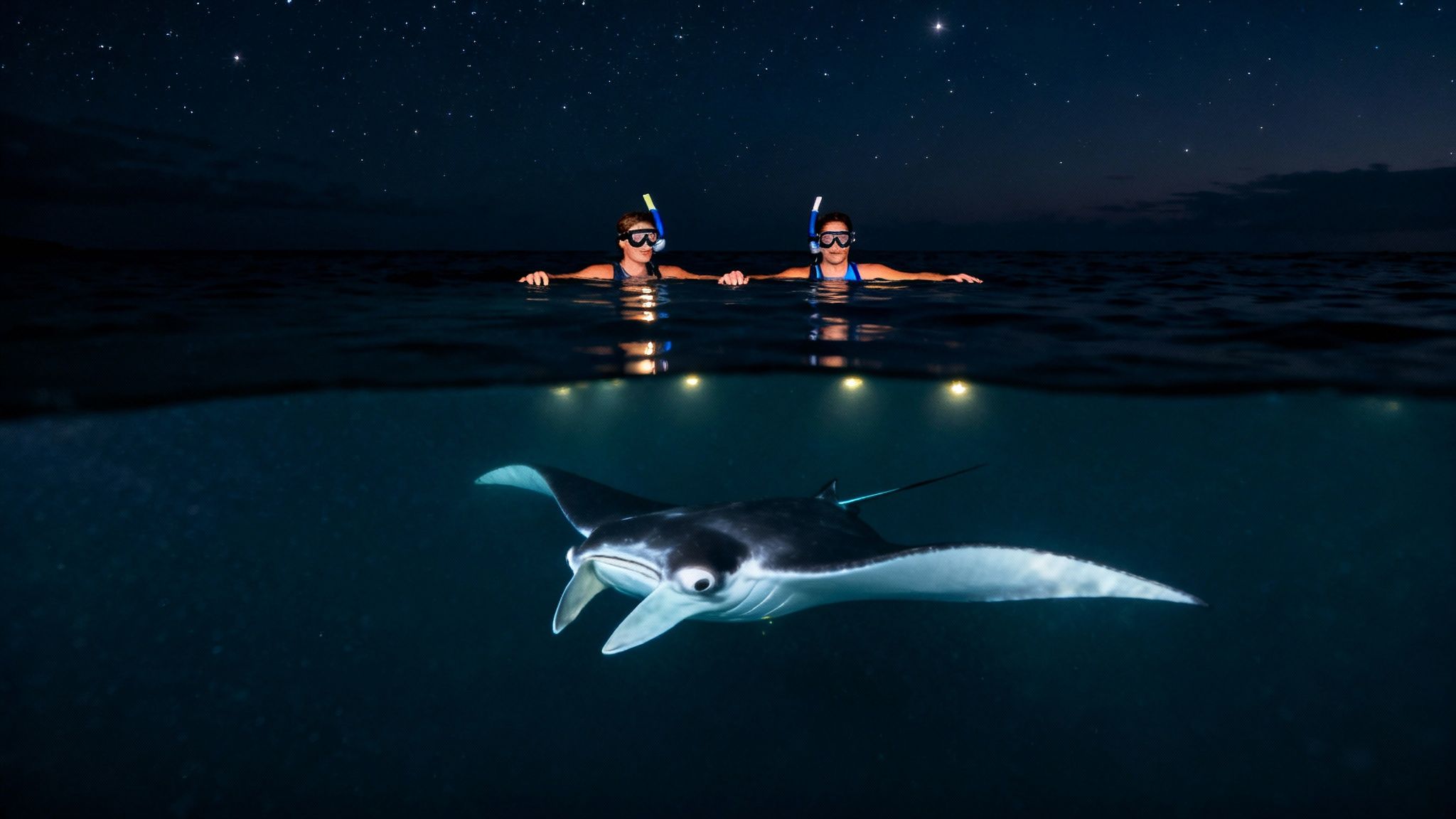 Two people snorkeling at night observe a graceful manta ray swimming below them under a starry sky.