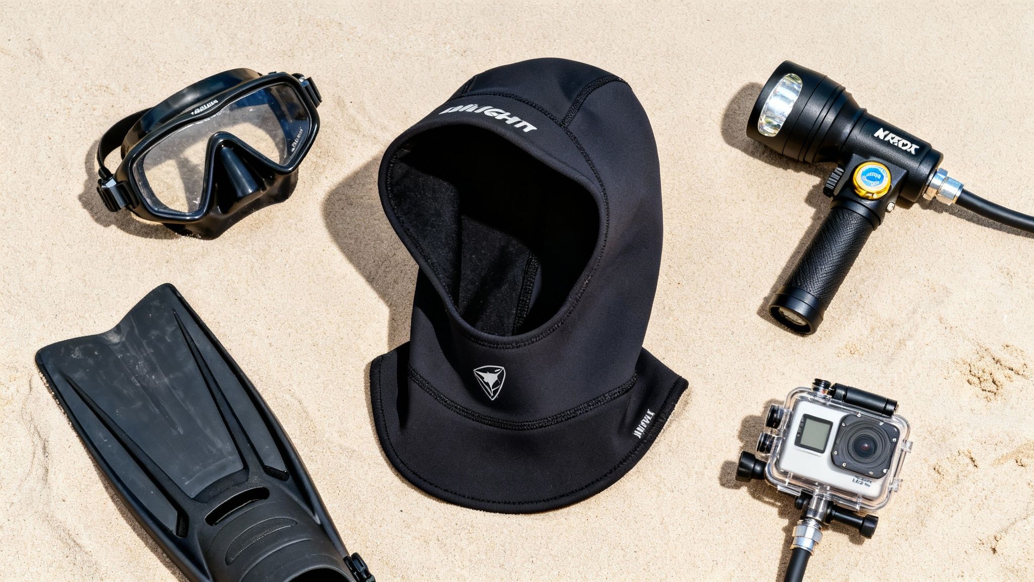 Various black diving equipment, including a mask, hood, fin, flashlight, and camera, on sand.