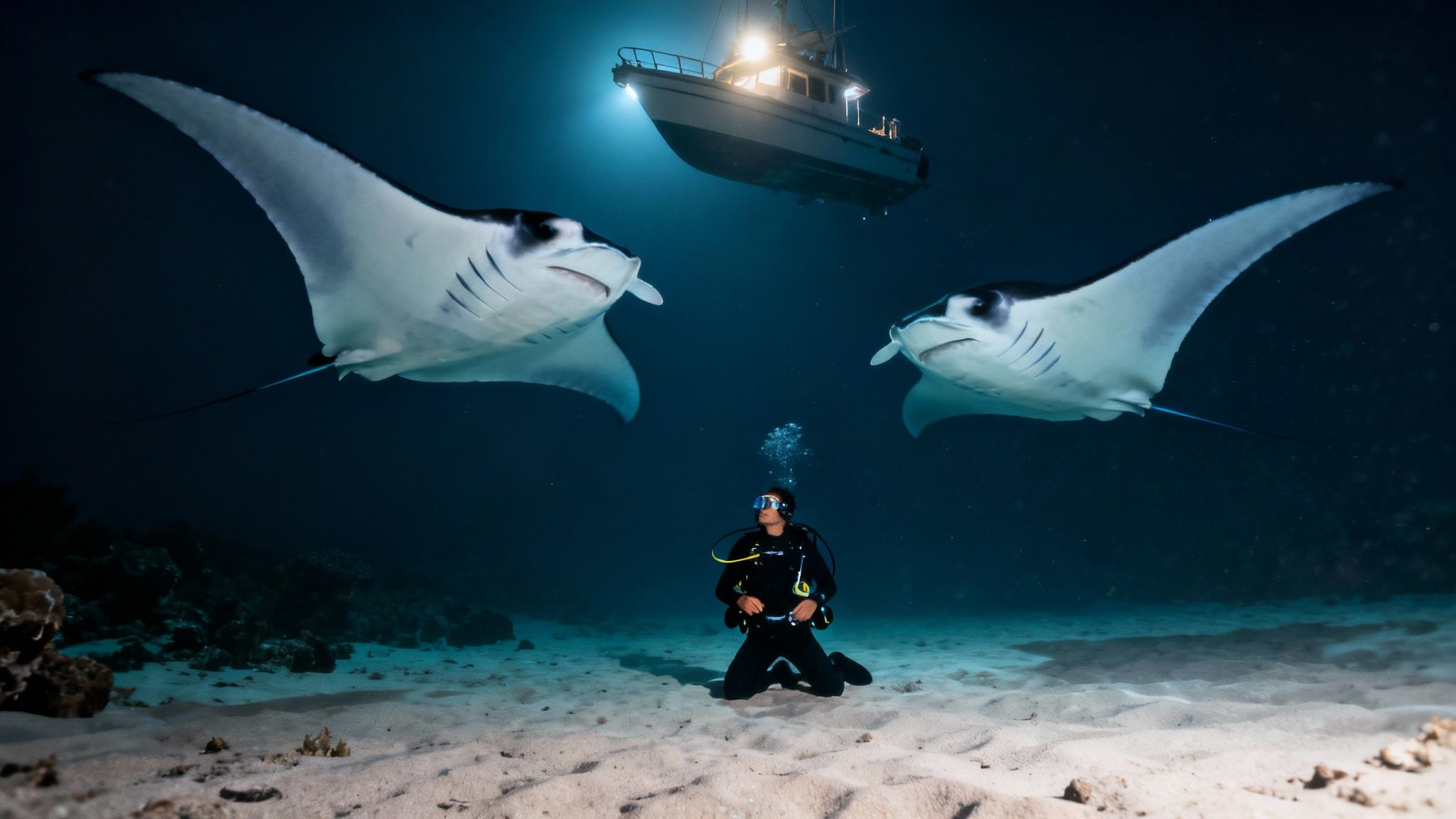 Graceful manta ray swimming in the dark ocean during a night dive in Kona.