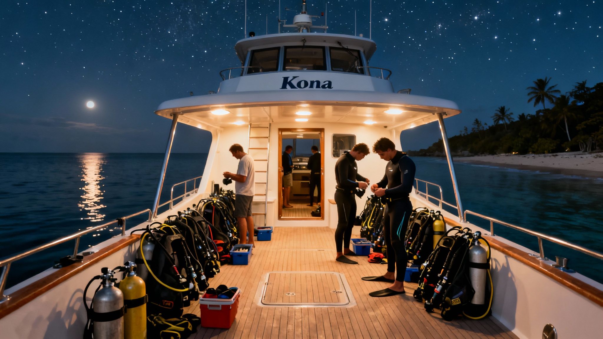 Divers on the Kona boat prepare for a night dive under a starry sky and full moon.