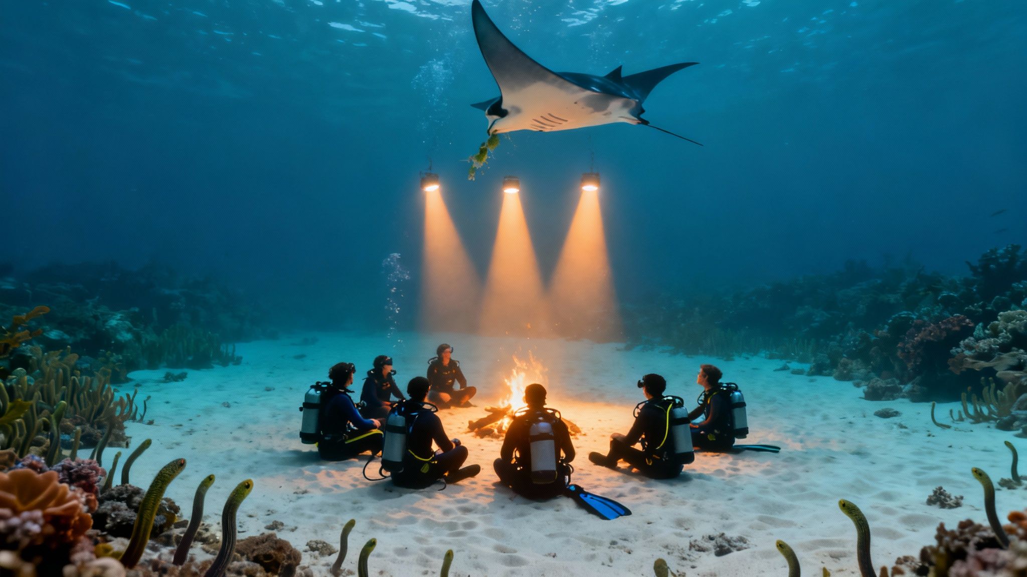 Scuba divers gather around an underwater campfire while a manta ray swims overhead during a night dive.