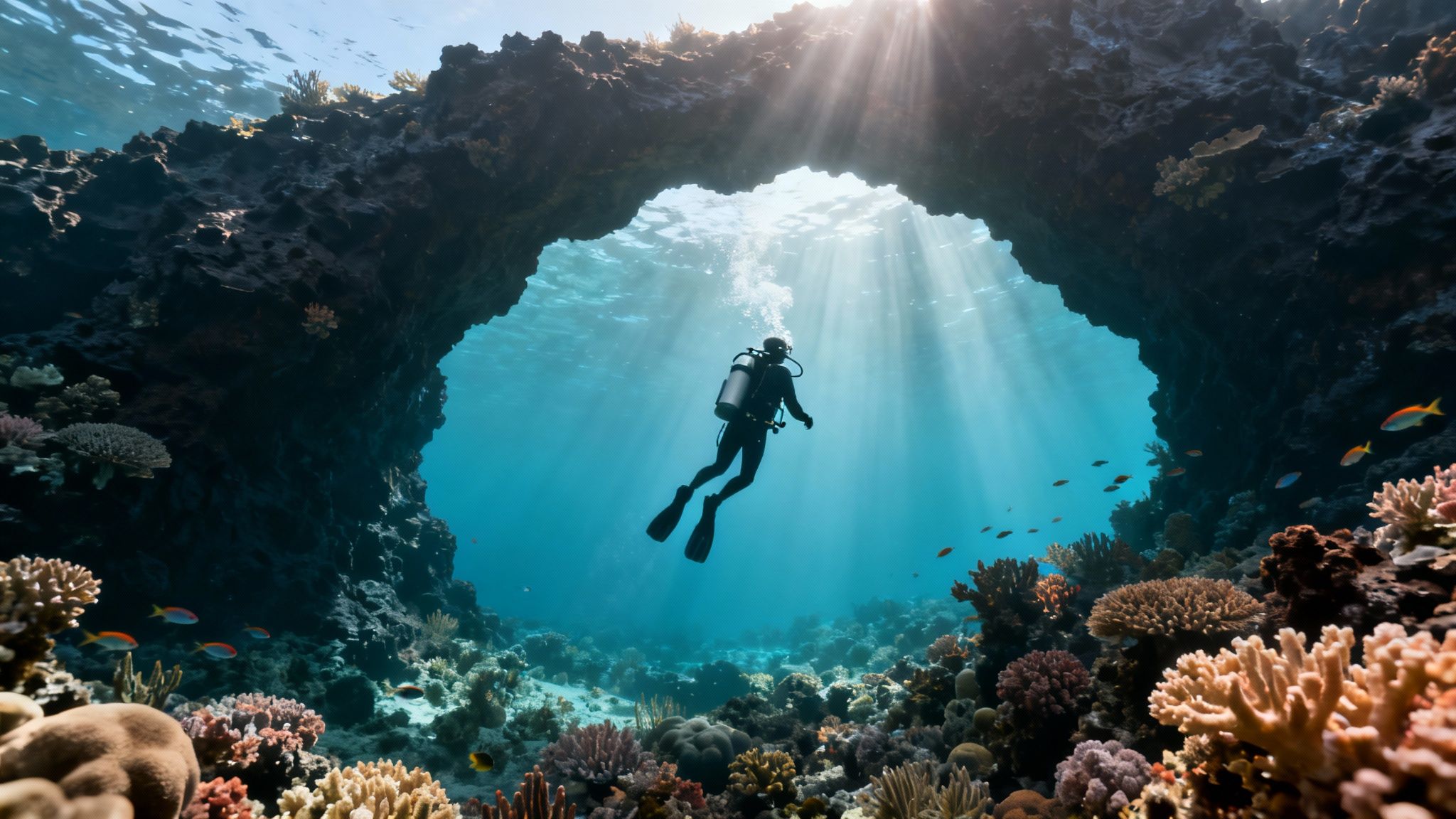 A scuba diver explores a vibrant coral reef through an underwater archway with sun rays.