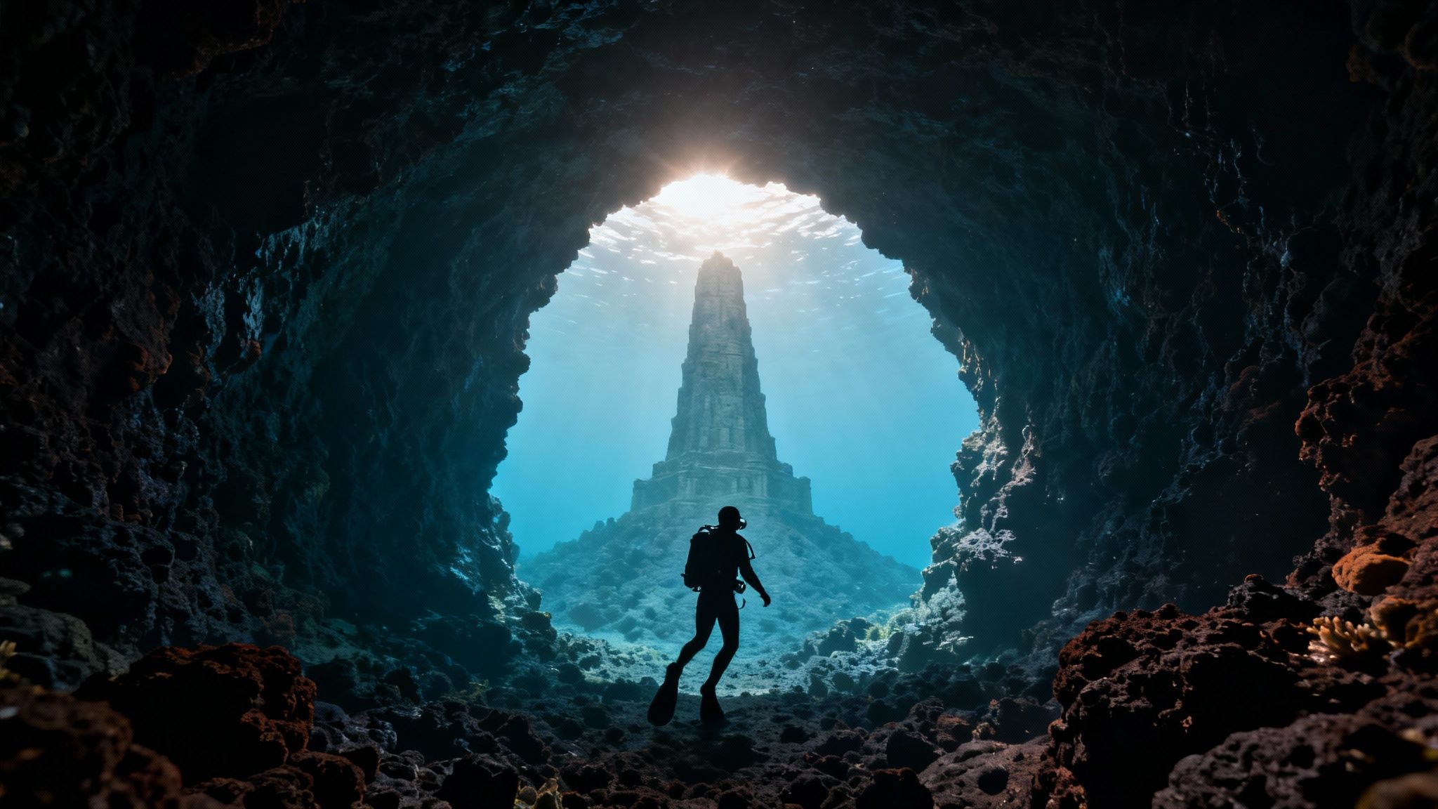 A scuba diver in a dark underwater cave looks out at a towering ancient structure under sunlit water.
