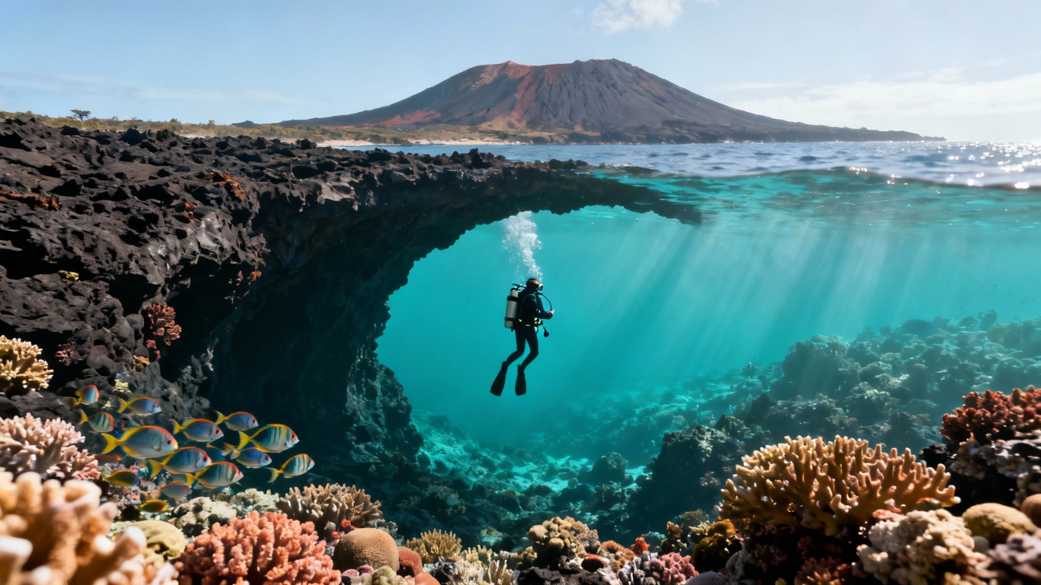 An over-under shot shows a diver in an underwater cave with a volcanic island above, surrounded by coral.