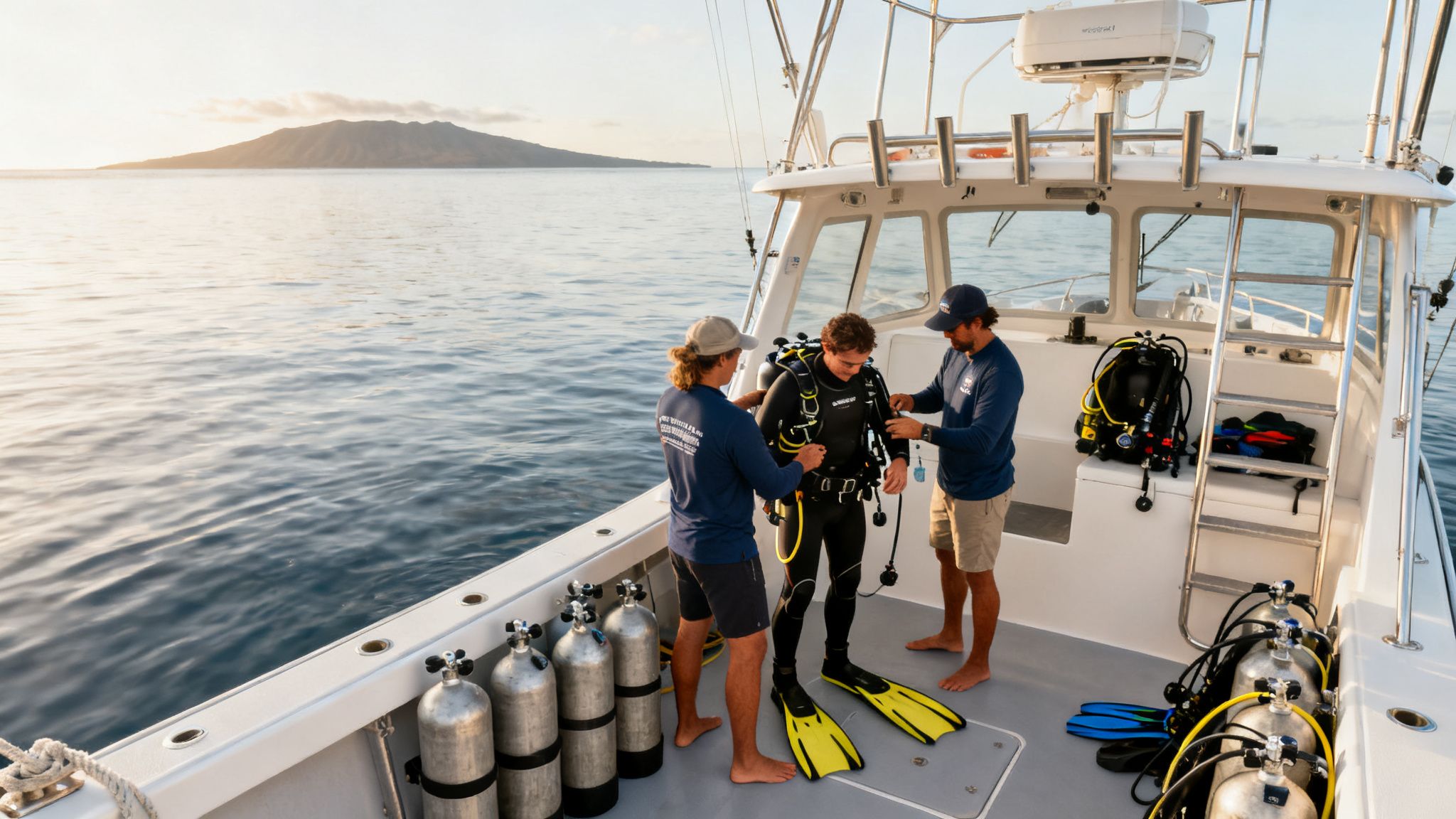 Three men on a boat assisting a diver with his gear, with an island in the background.
