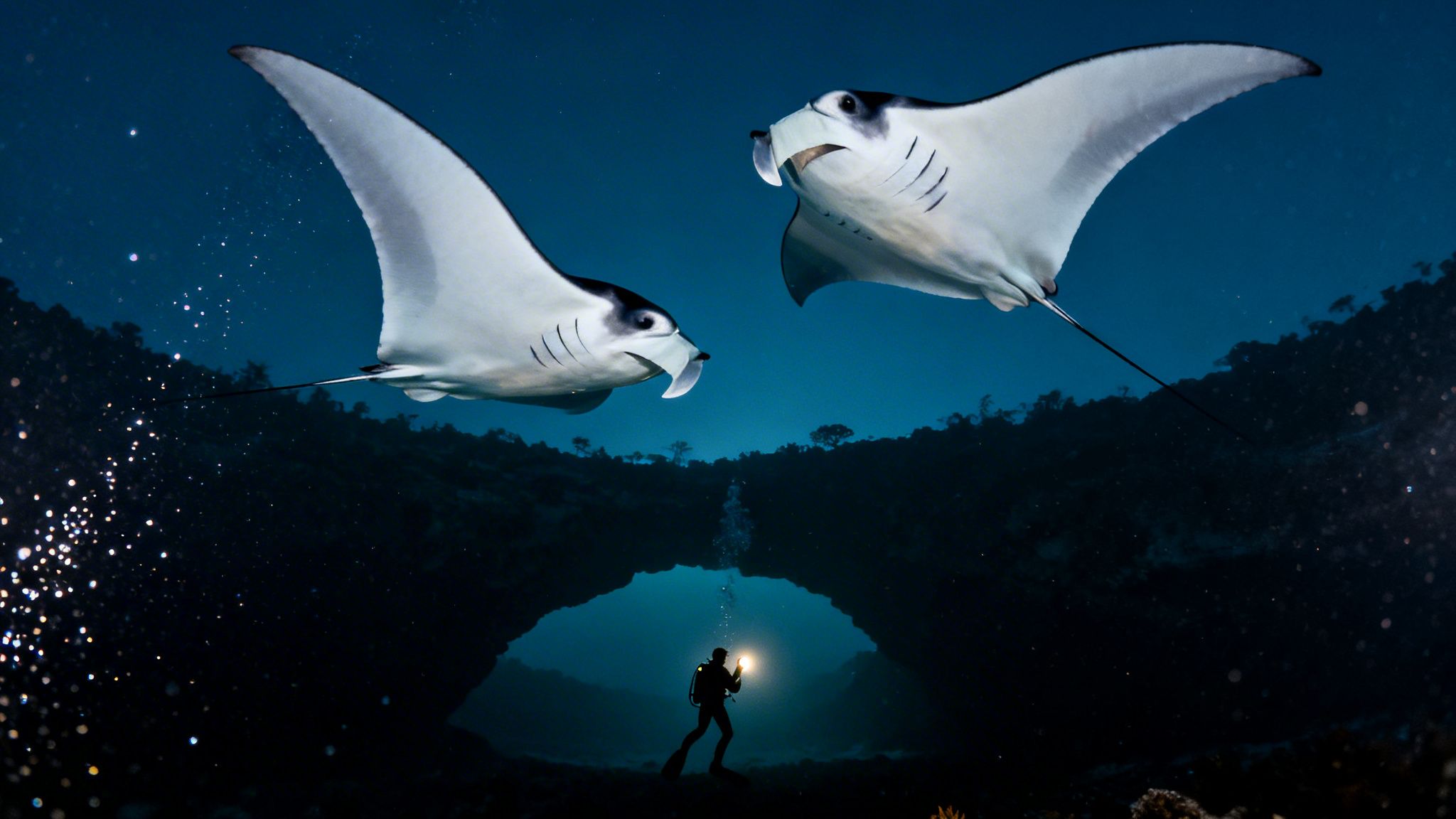 Two majestic manta rays gracefully swim above a diver illuminating an underwater cave.