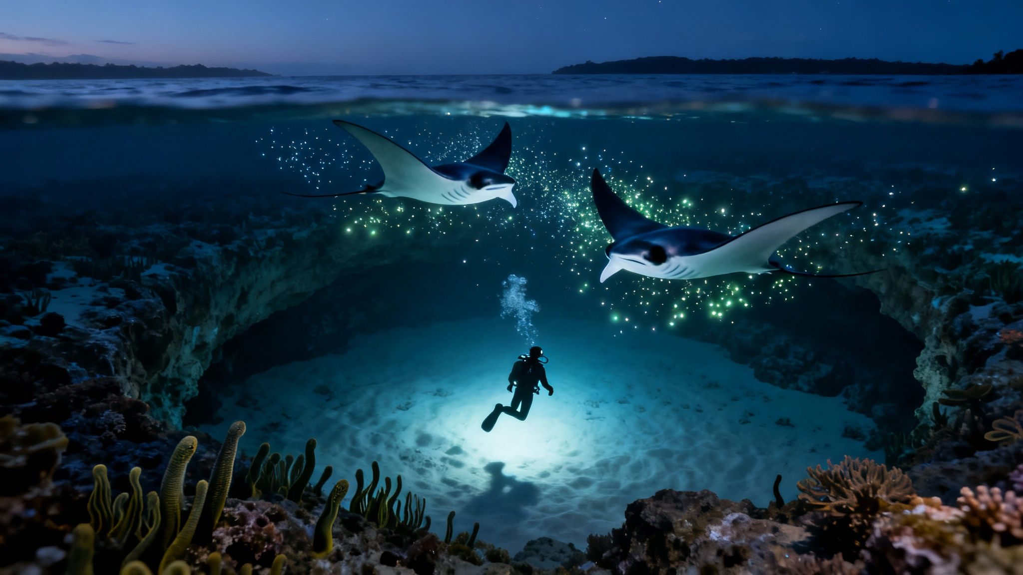 A diver encounters two glowing manta rays in a deep blue underwater cave at dusk.