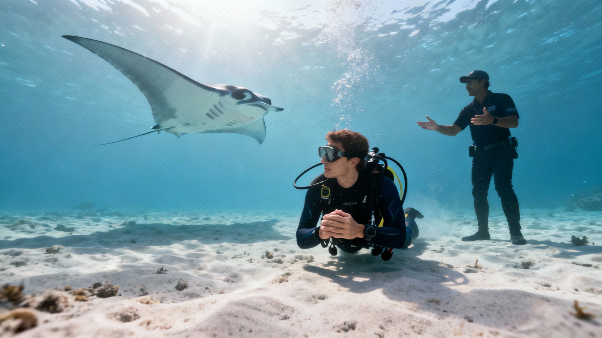 Silhouetted manta ray gracefully swimming towards dive lights during a night dive in Kailua Kona.
