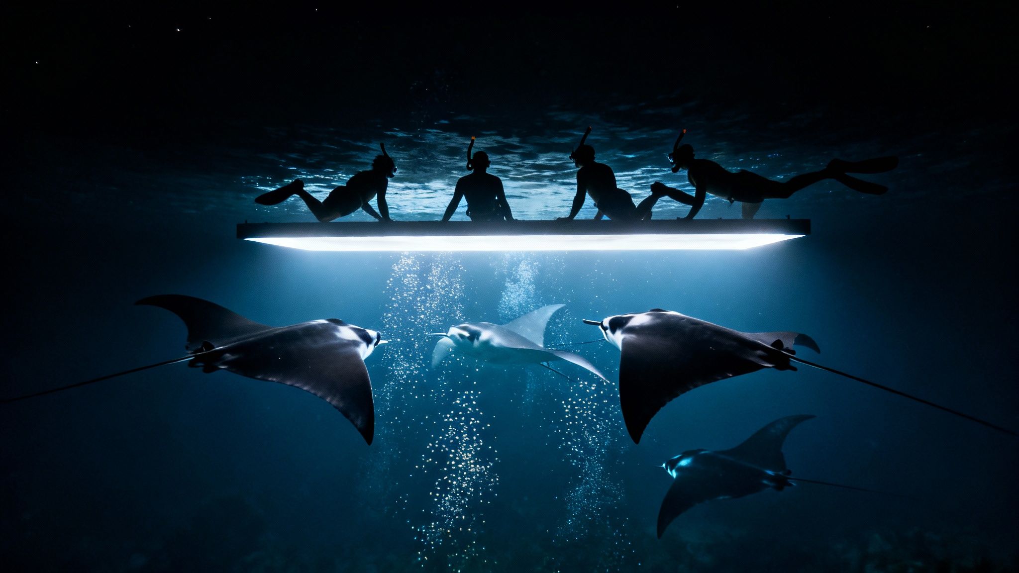 Four snorkelers on a lighted platform observe majestic manta rays swimming gracefully beneath them at night.