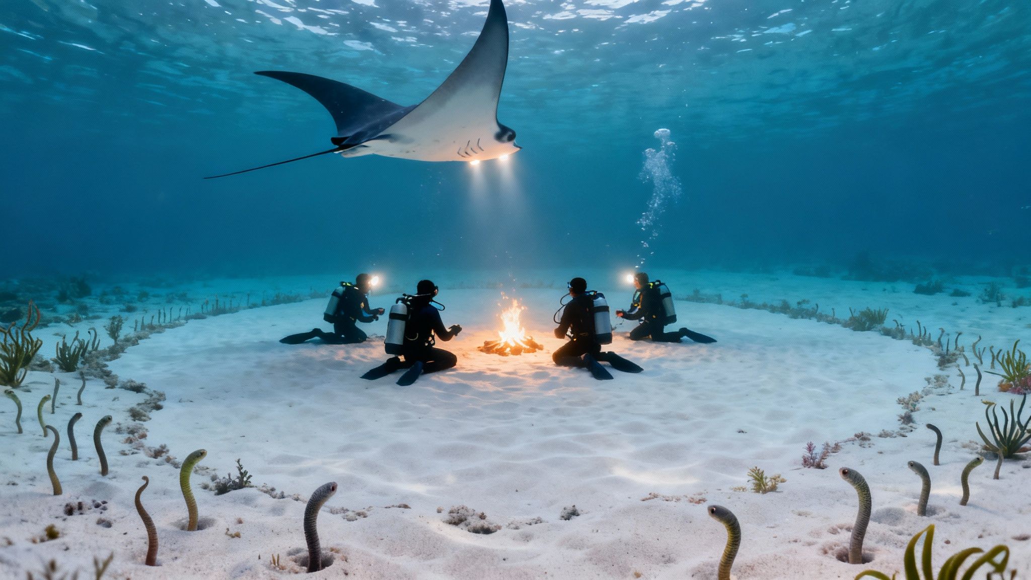 Scuba divers gather around an underwater campfire, illuminated by a majestic manta ray above.
