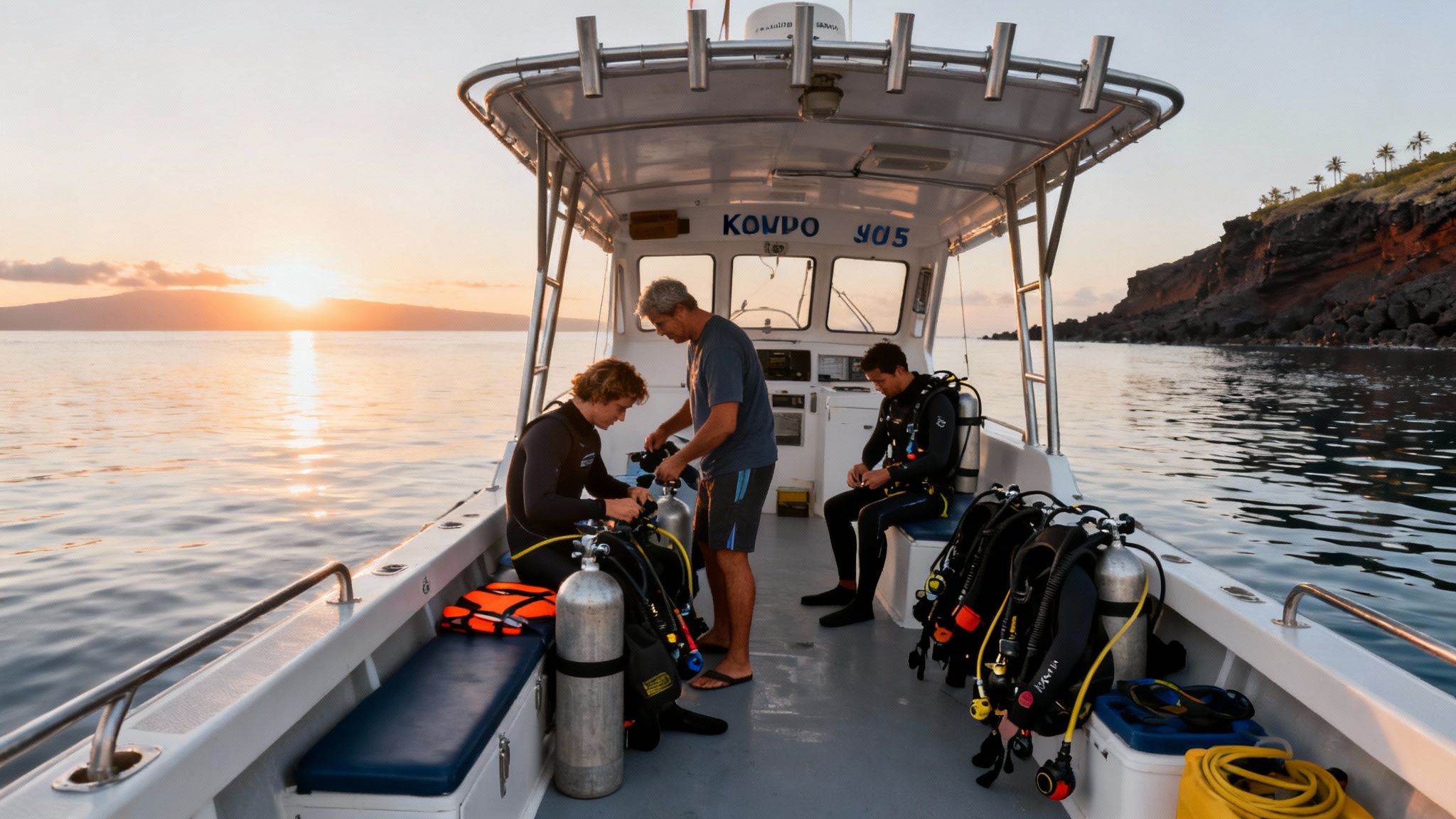 Three men on a boat prepare scuba gear for a dive during a beautiful ocean sunset.