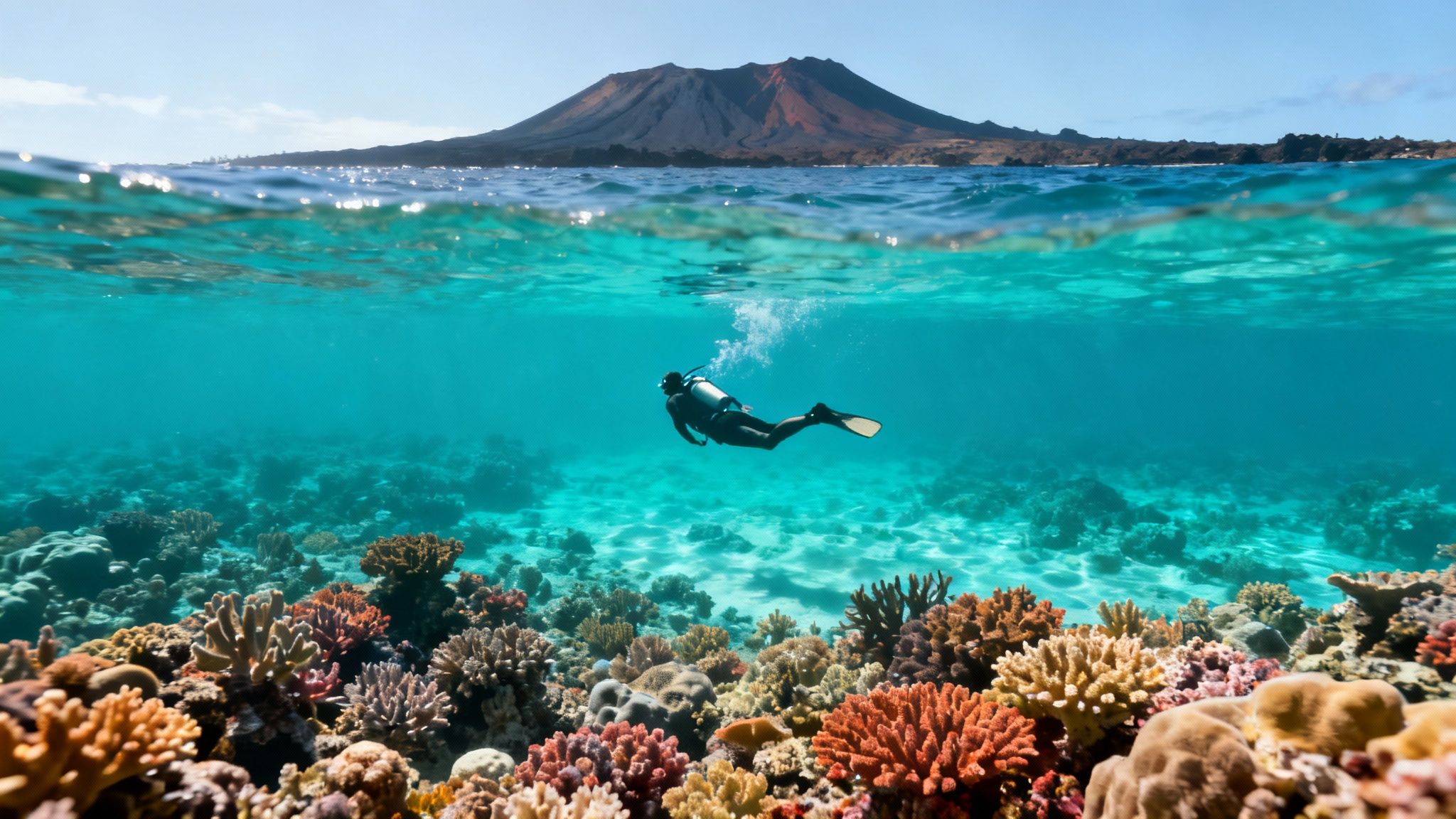 A scuba diver swims over a vibrant coral reef in the clear blue waters of Kona, Hawaii.