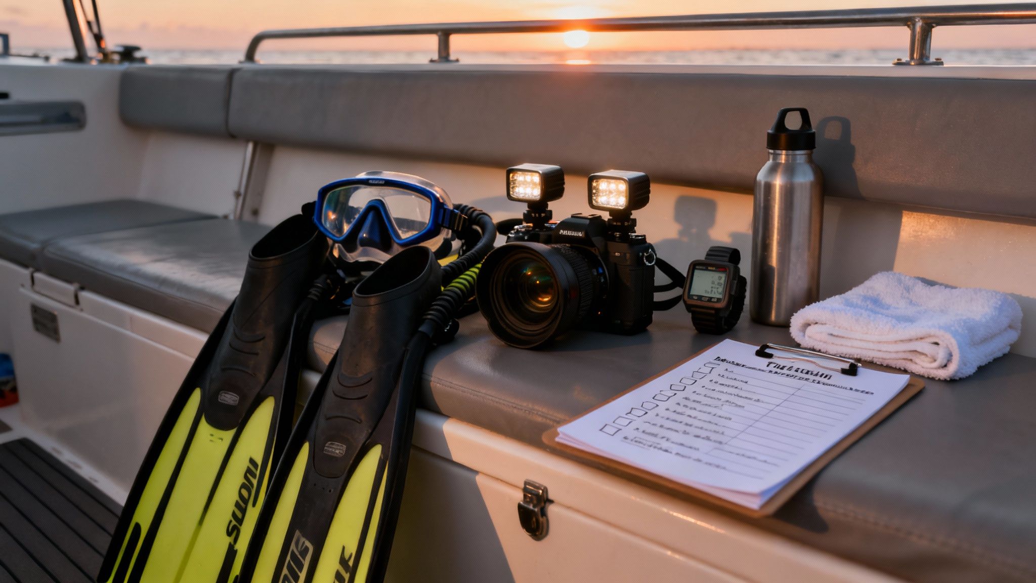 Underwater photography setup with diving gear, bottle, towel, and checklist on a boat at sunset.