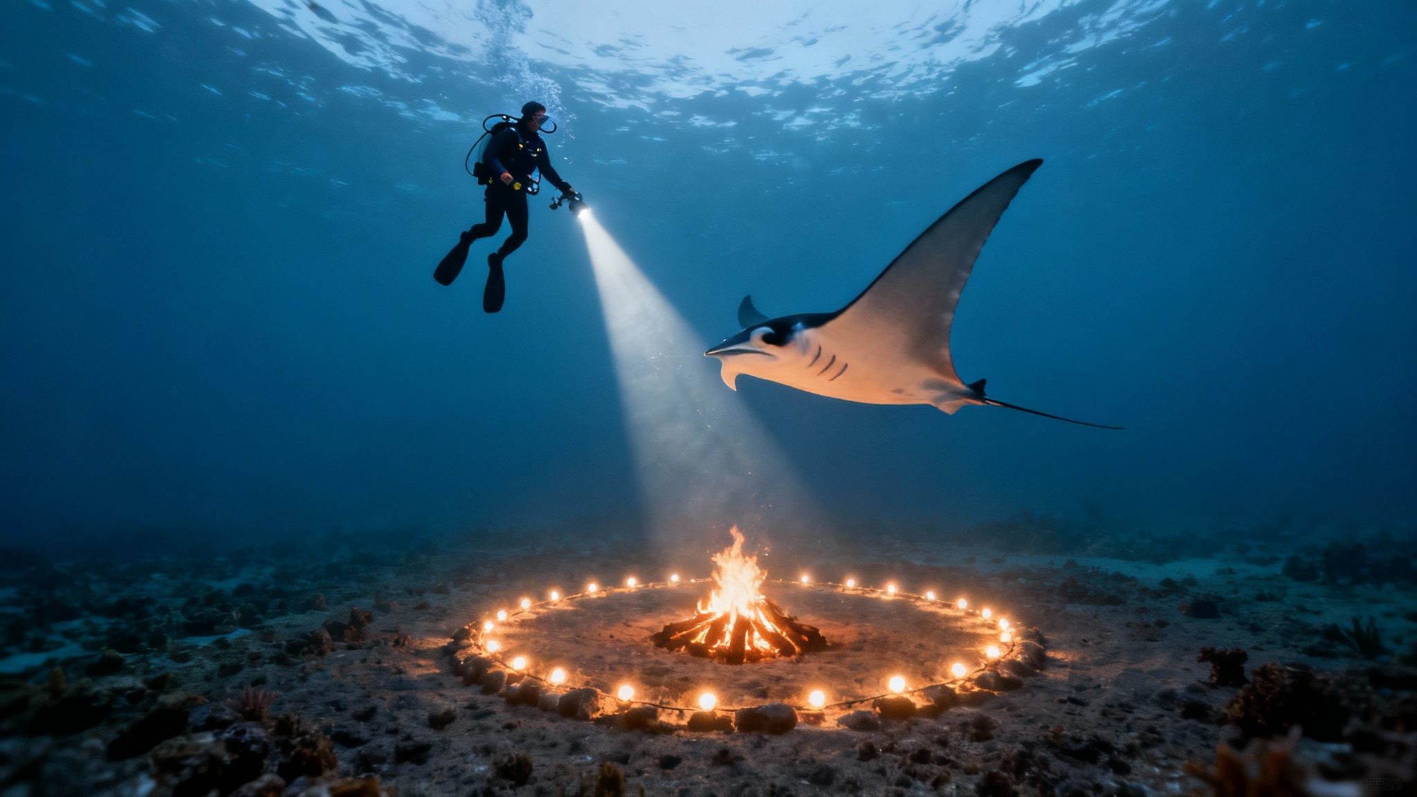 A scuba diver illuminates a massive manta ray with a dive light as it glides overhead during a night dive in Kona.