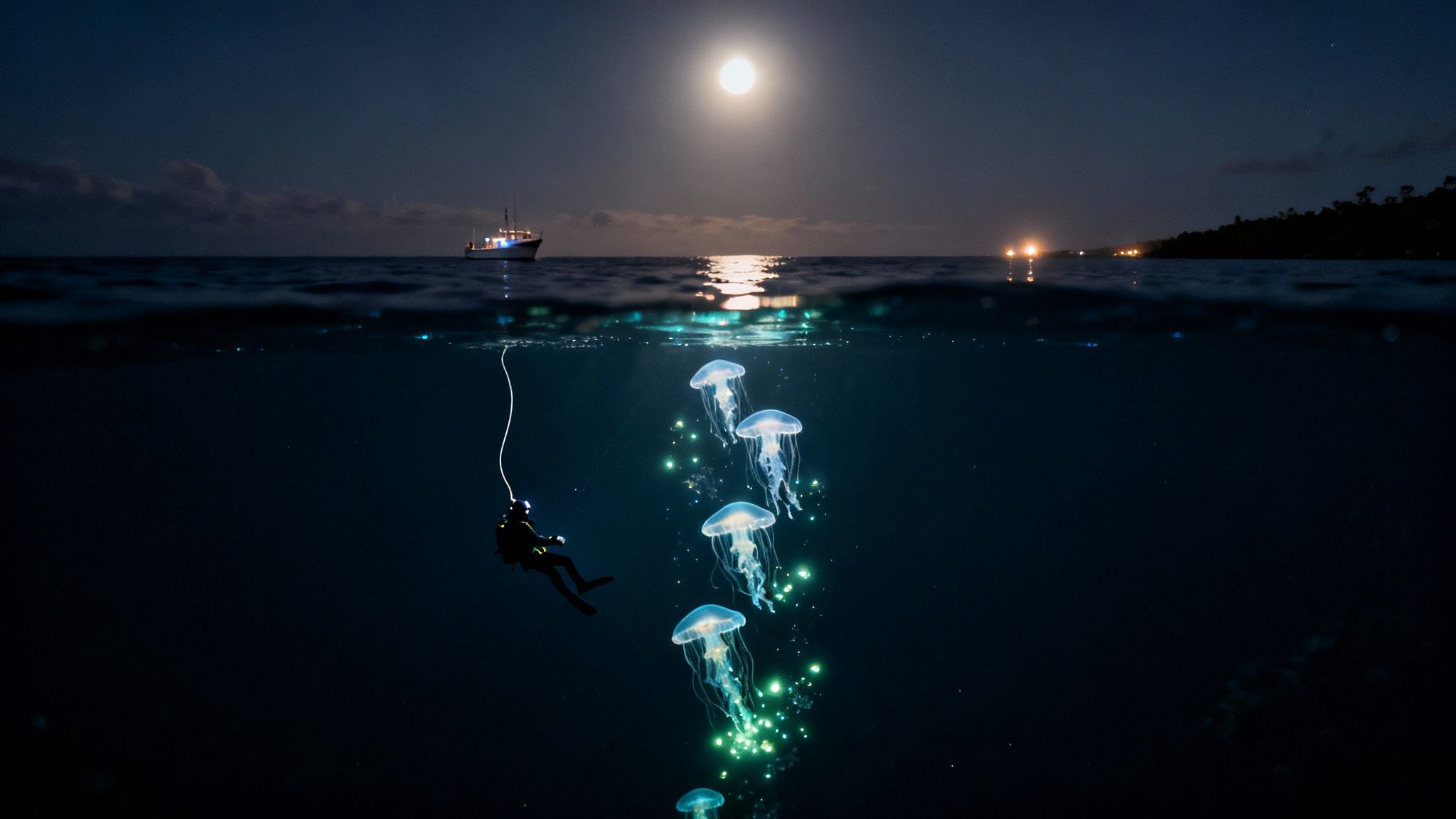 A diver observes bioluminescent jellyfish glowing underwater at night, with a boat and full moon above.