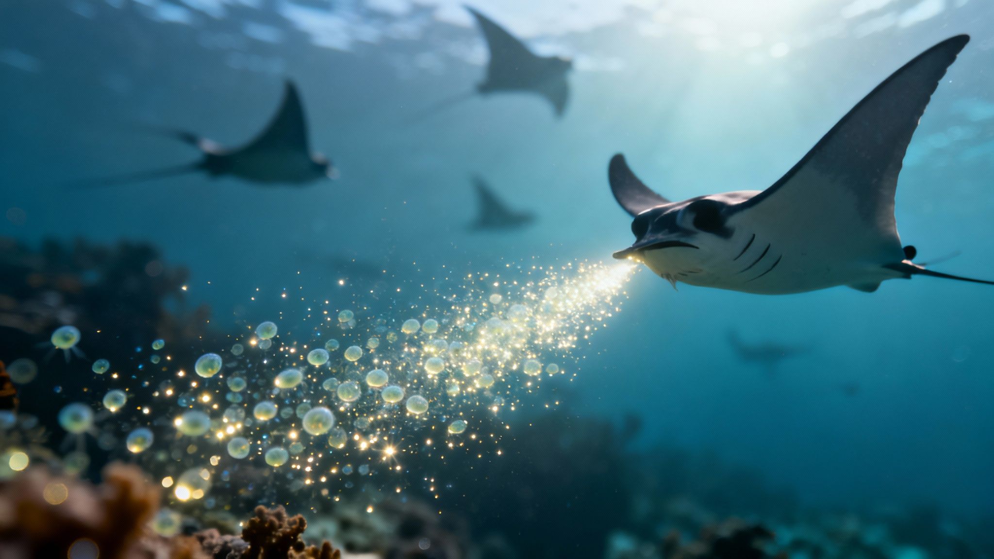 A manta ray gracefully swims near the surface at night, illuminated by underwater lights in Kailua Kona.