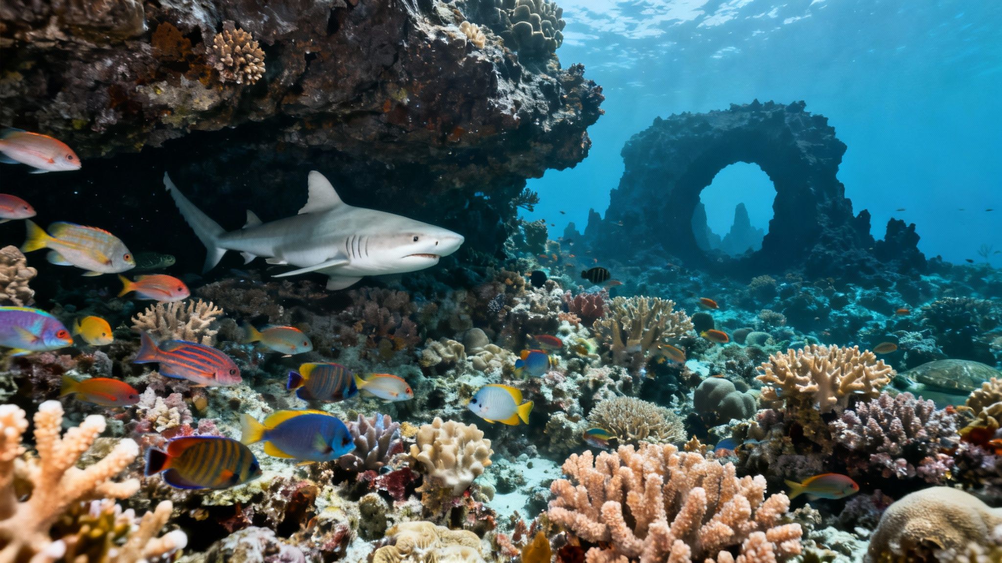 Underwater scene with a shark, colorful fish, and coral reefs, featuring a rock arch.