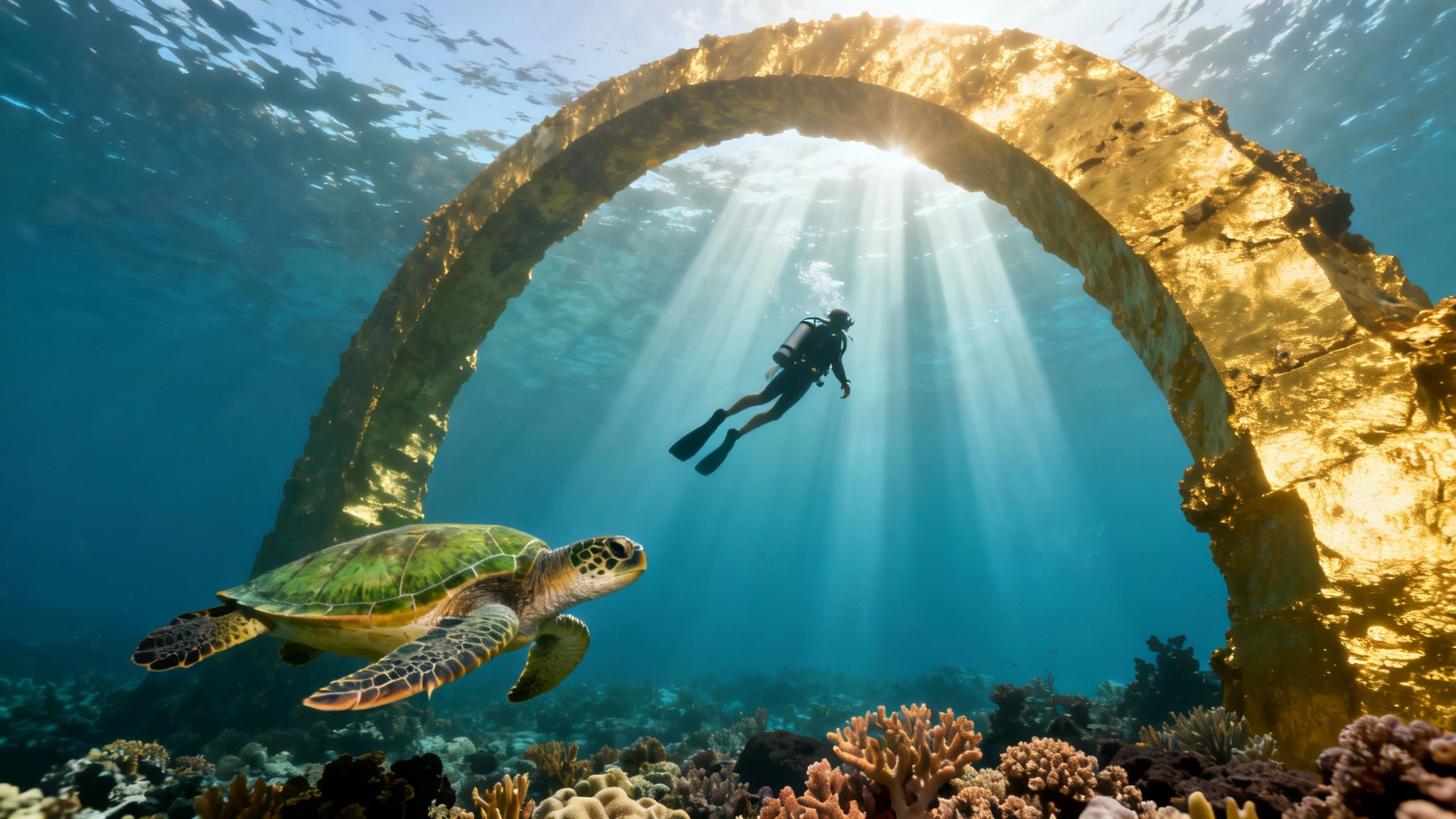 A diver swims under a golden arch, near a sea turtle and coral reef, with sunbeams.