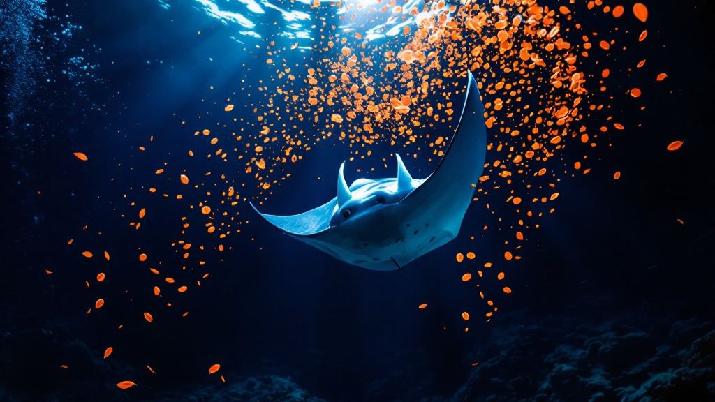 A scuba diver observing a manta ray during a night dive in Kona.