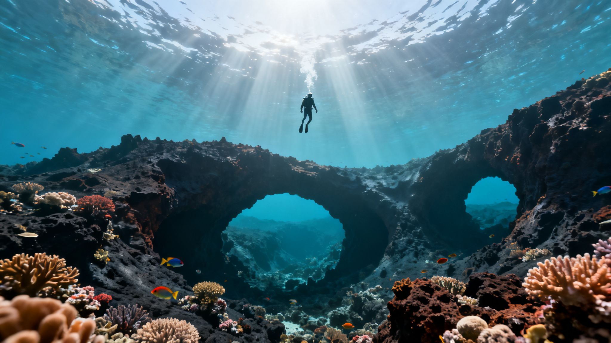 A scuba diver floats above an elaborate underwater coral reef with two large natural rock arches, illuminated by sunbeams.